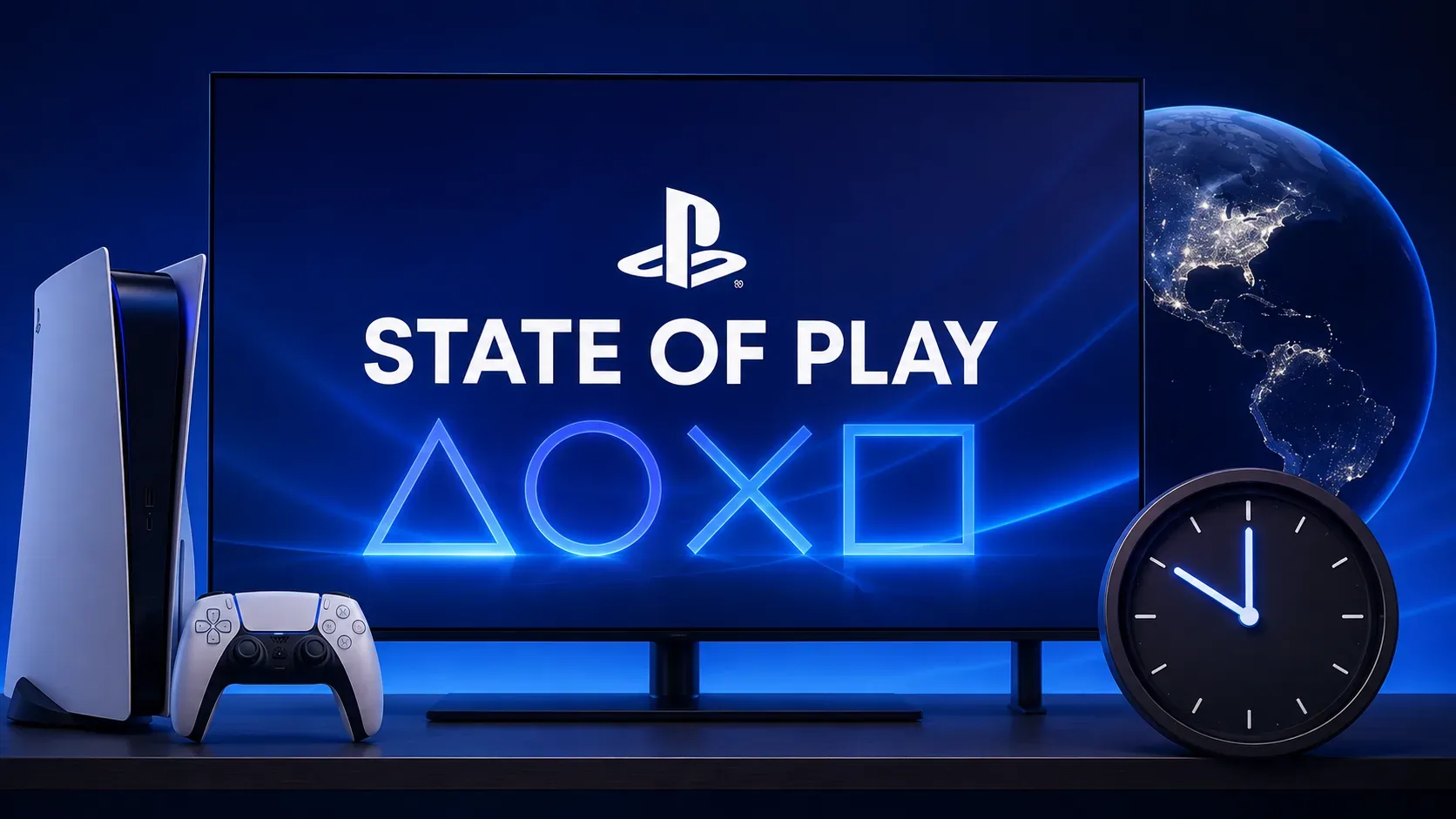 Tela com identidade visual do State of Play ao lado de um PS5, controle DualSense, globo terrestre iluminado e relógio marcando cerca de 10h.
