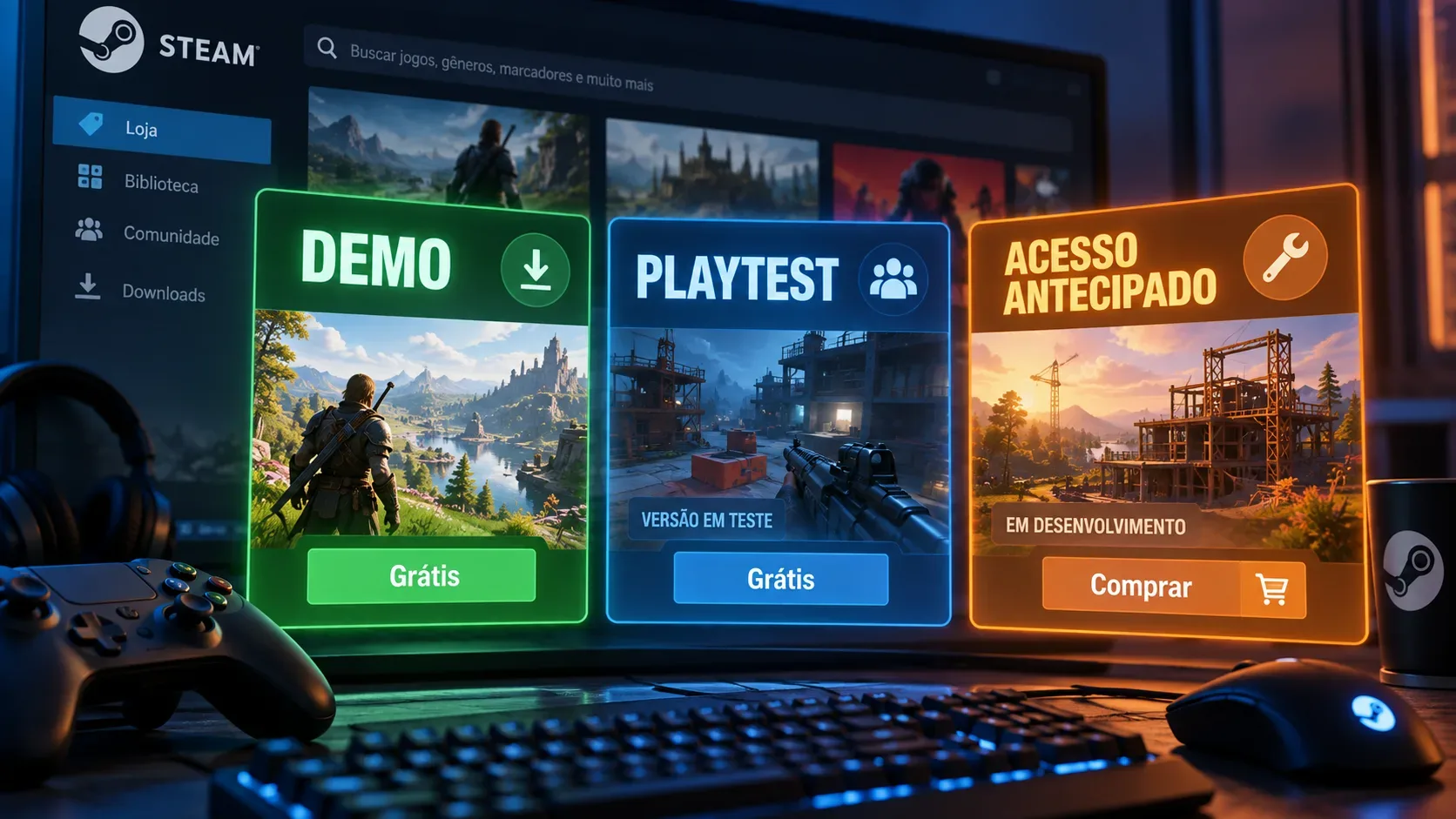 Tela de computador com interface da Steam e três cartões destacados para Demo, Playtest e Acesso Antecipado, com controle, teclado e mouse sobre a mesa.