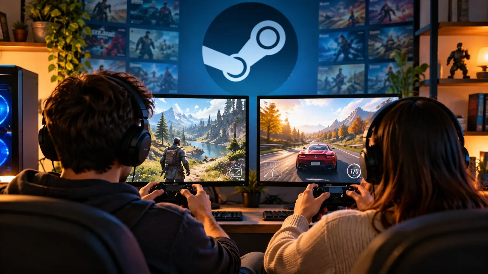 Dois jogadores com controles usam computadores lado a lado, cada um em um jogo diferente, com o símbolo do Steam ao fundo.
