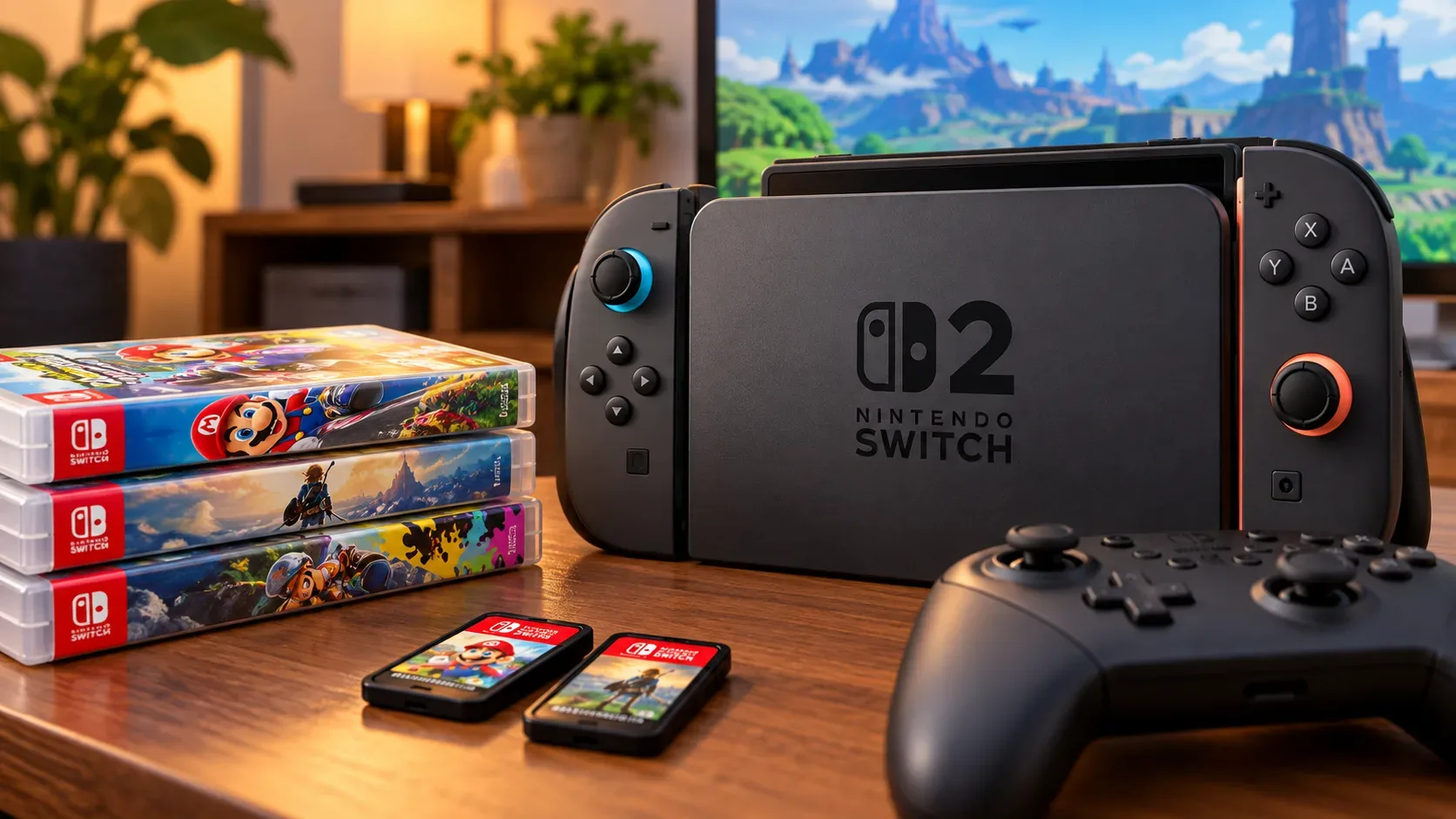 Nintendo Switch 2 em uma mesa ao lado de controles, caixas e cartões de jogos de Nintendo Switch em uma sala iluminada.