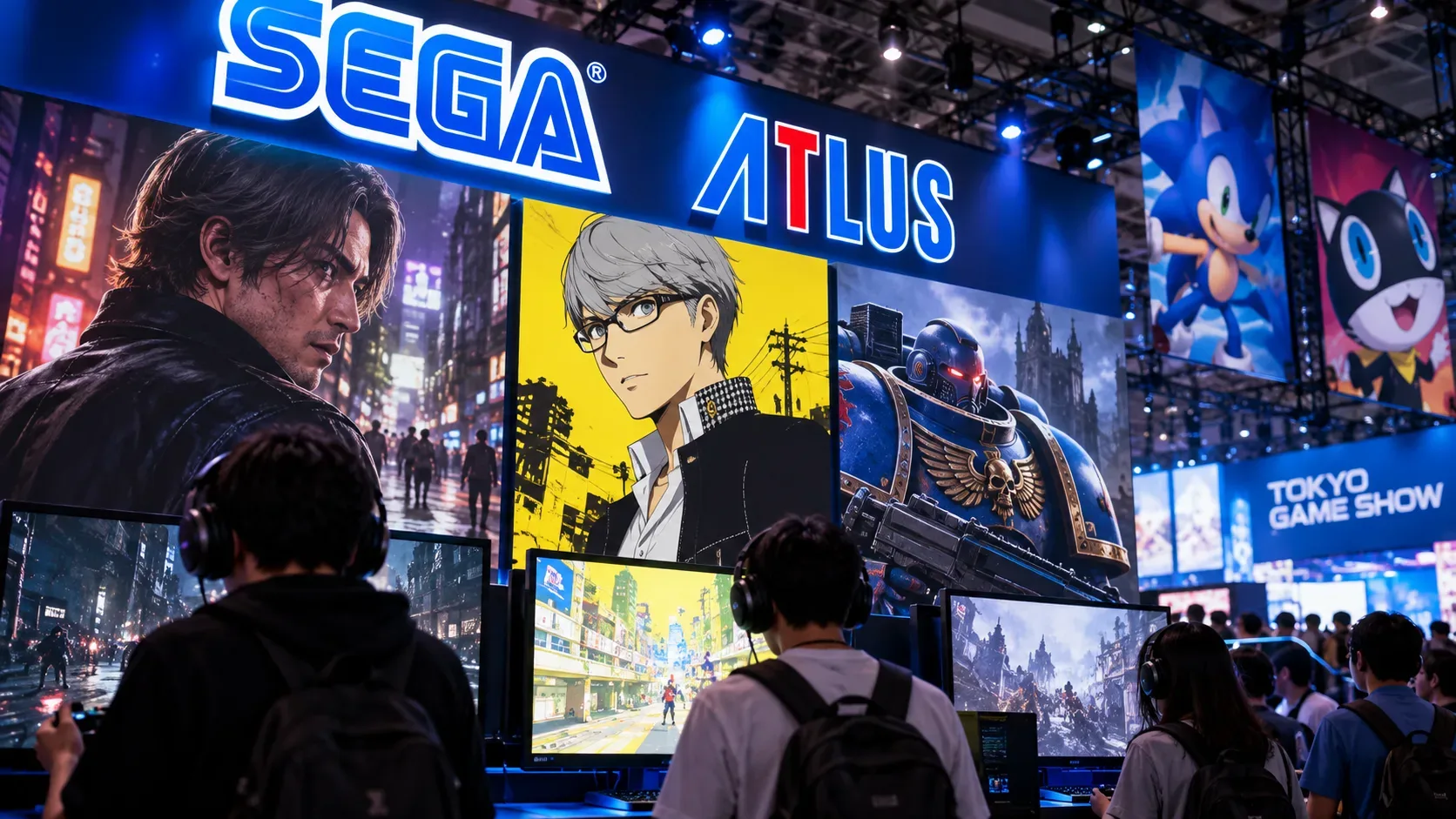 Estande iluminado da Sega/Atlus em uma feira de games, com visitantes diante de estações de demonstração e grandes painéis de jogos.