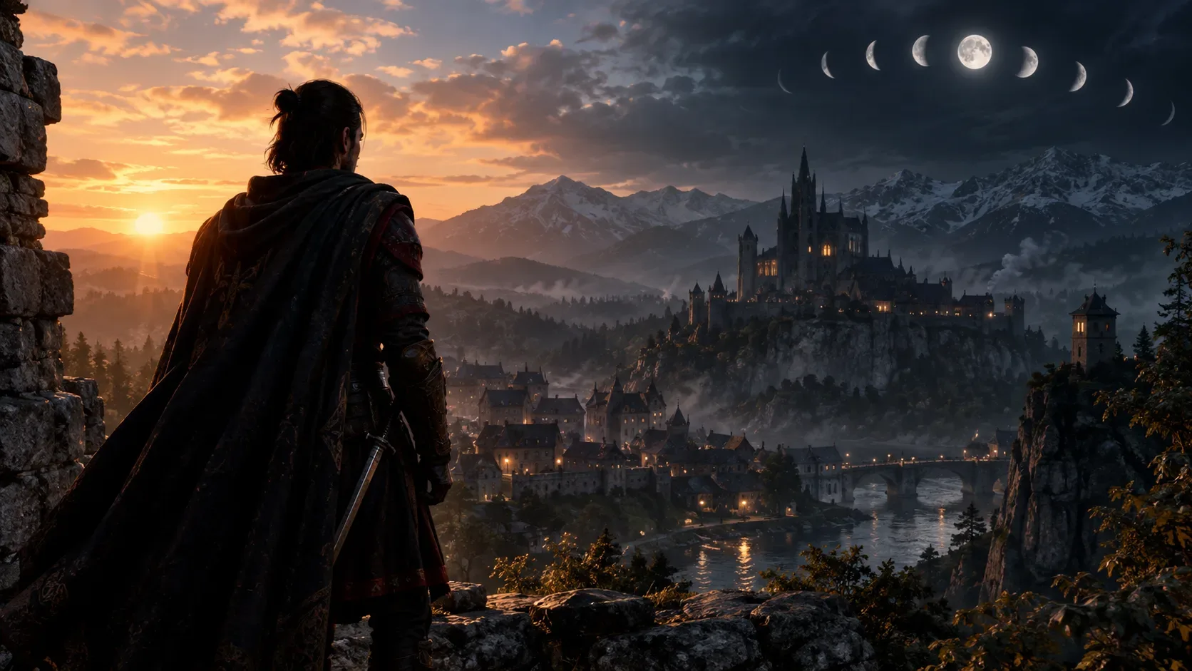 Guerreiro de capa observa uma cidade medieval entre o pôr do sol e a noite, com lua cheia e fases lunares sobre montanhas.