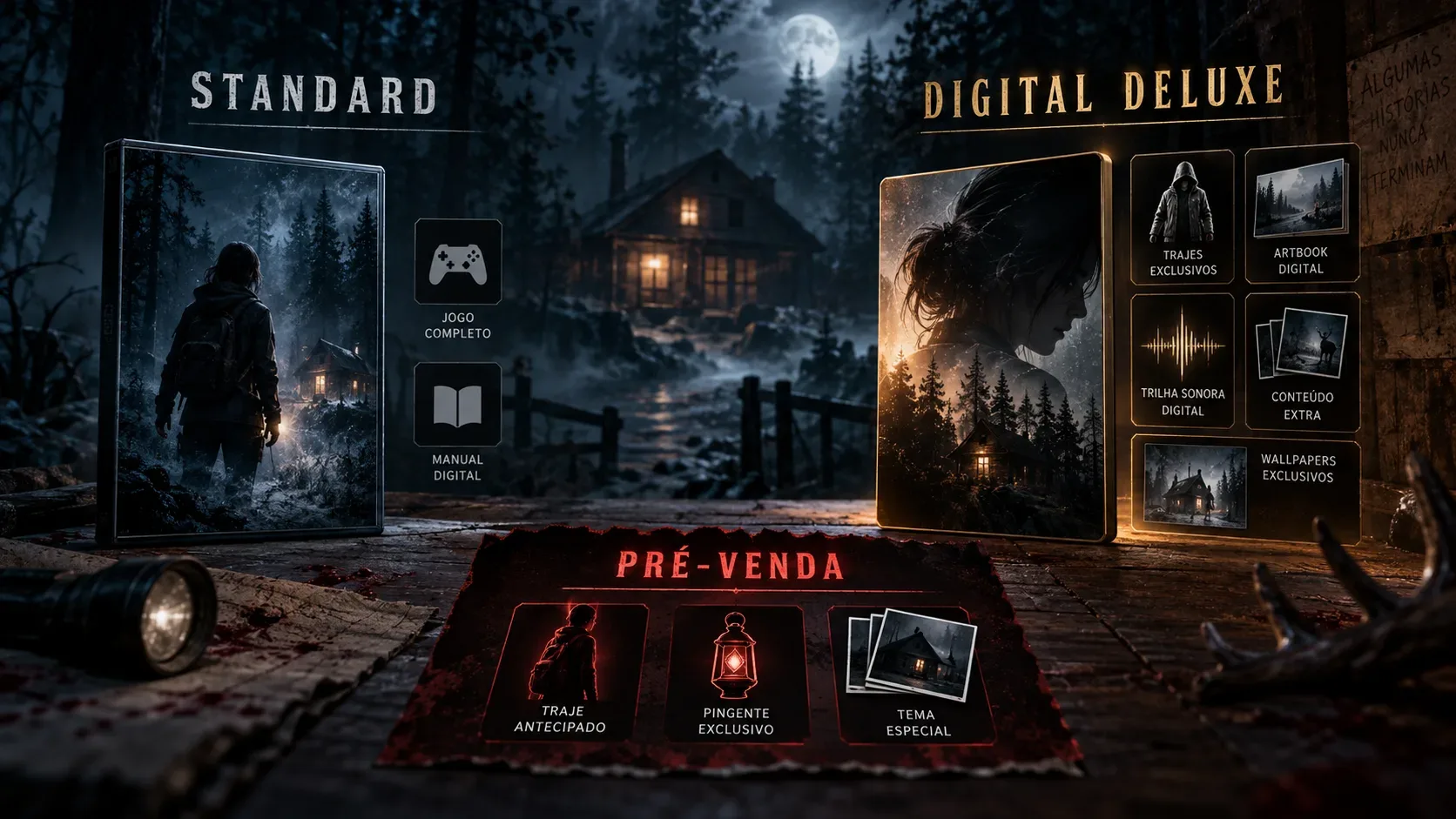 Cena noturna de terror com floresta e cabana ao fundo, duas embalagens fictícias lado a lado sob os rótulos Standard e Digital Deluxe e uma área separada de pré-venda.