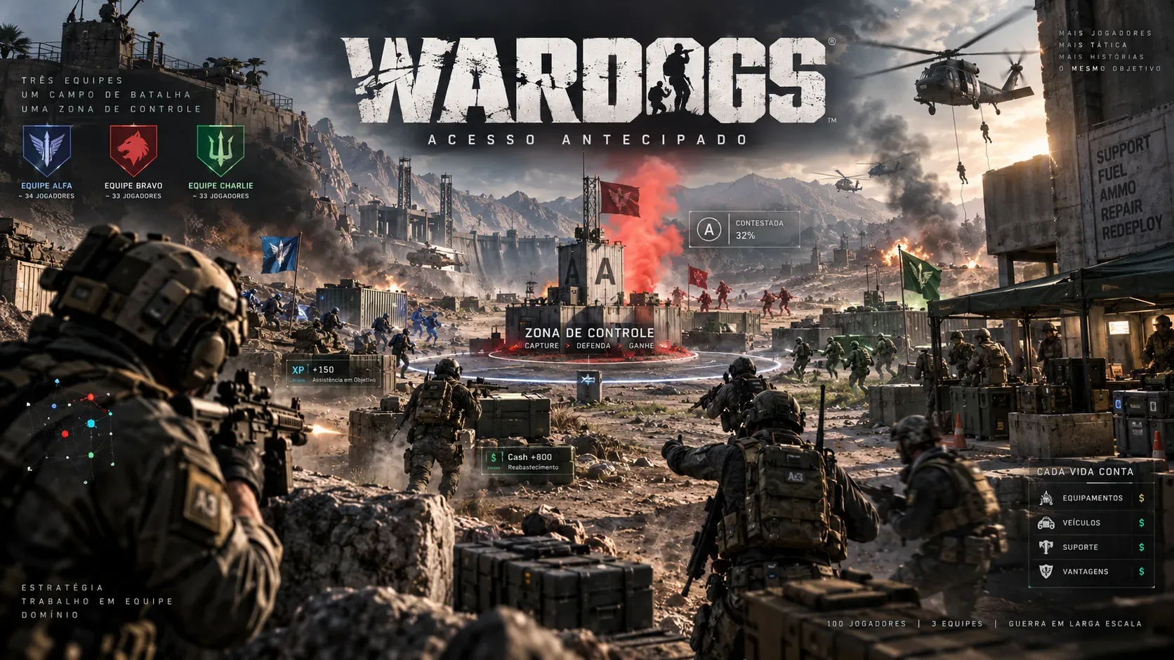 Campo de batalha tático com três grupos de soldados avançando para uma zona de controle, helicópteros, veículos e elementos de HUD sob o título WARDOGS.