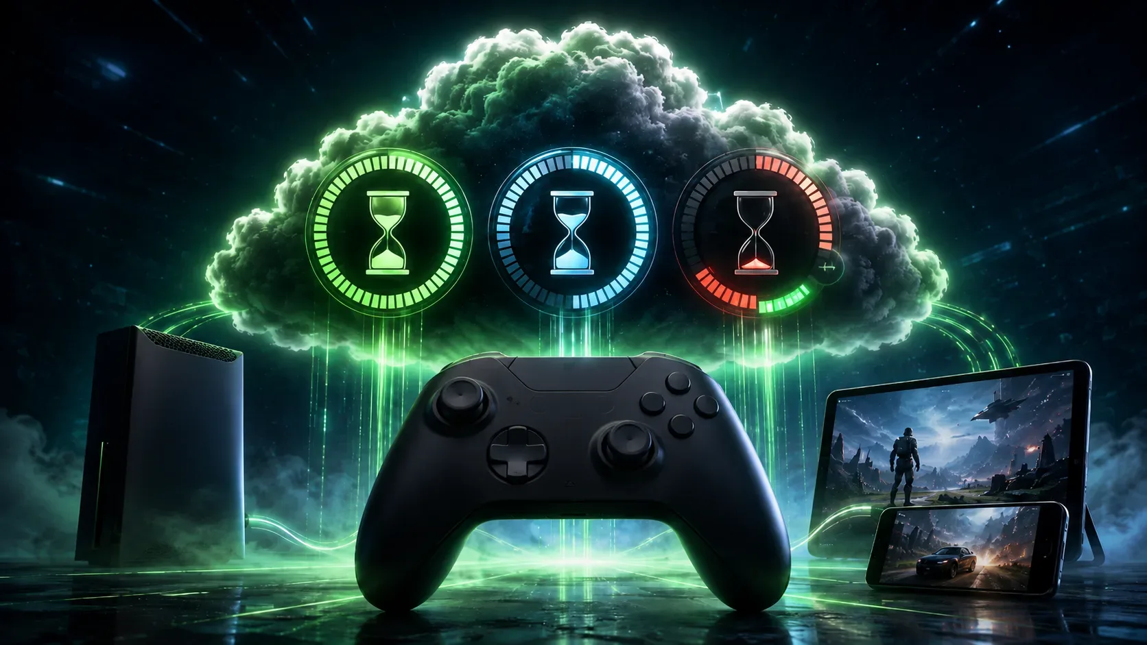 Controle de videogame diante de uma nuvem digital com três medidores circulares de tempo, ao lado de console, tablet e celular em iluminação neon verde e azul.