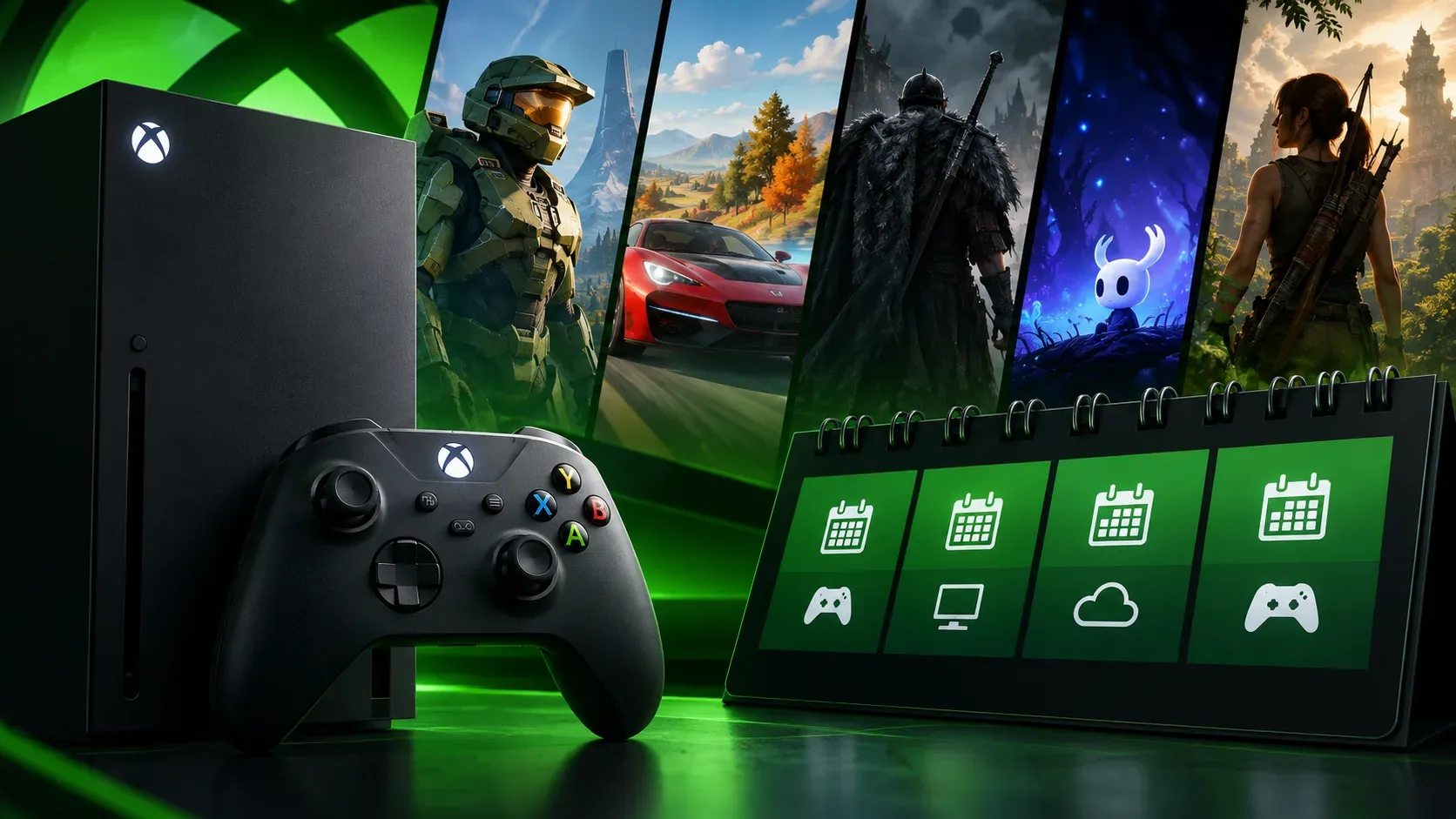 Console e controle Xbox diante de painéis de jogos e um calendário verde com ícones de console, PC e nuvem.
