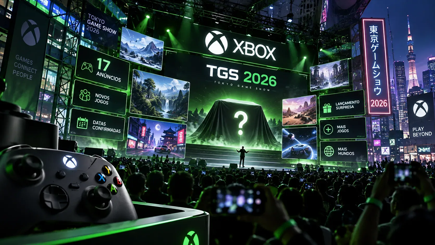 Palco futurista do Xbox na Tokyo Game Show 2026, com controle em primeiro plano, telões verdes, plateia e uma revelação surpresa coberta no centro.