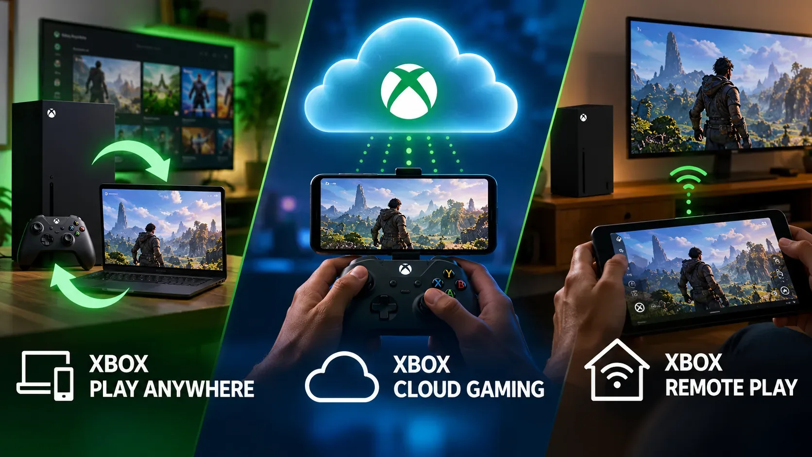 Composição em três áreas mostra console e notebook conectados, jogo transmitido da nuvem para um celular e console doméstico enviando a partida para um dispositivo portátil.