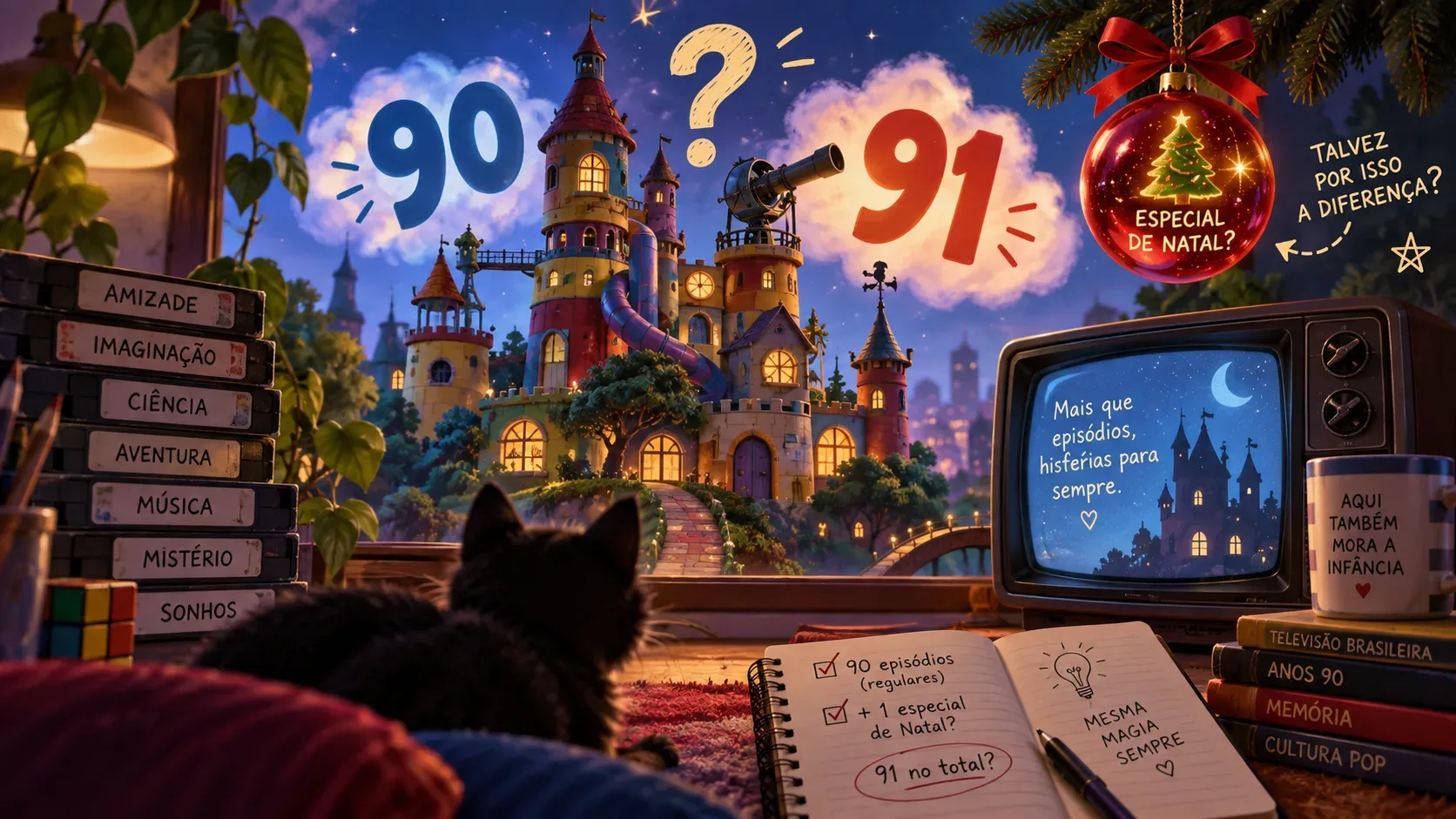 Castelo lúdico sob céu noturno, com os números 90 e 91, um enfeite de Natal, uma TV retrô e um gato em uma cena nostálgica.