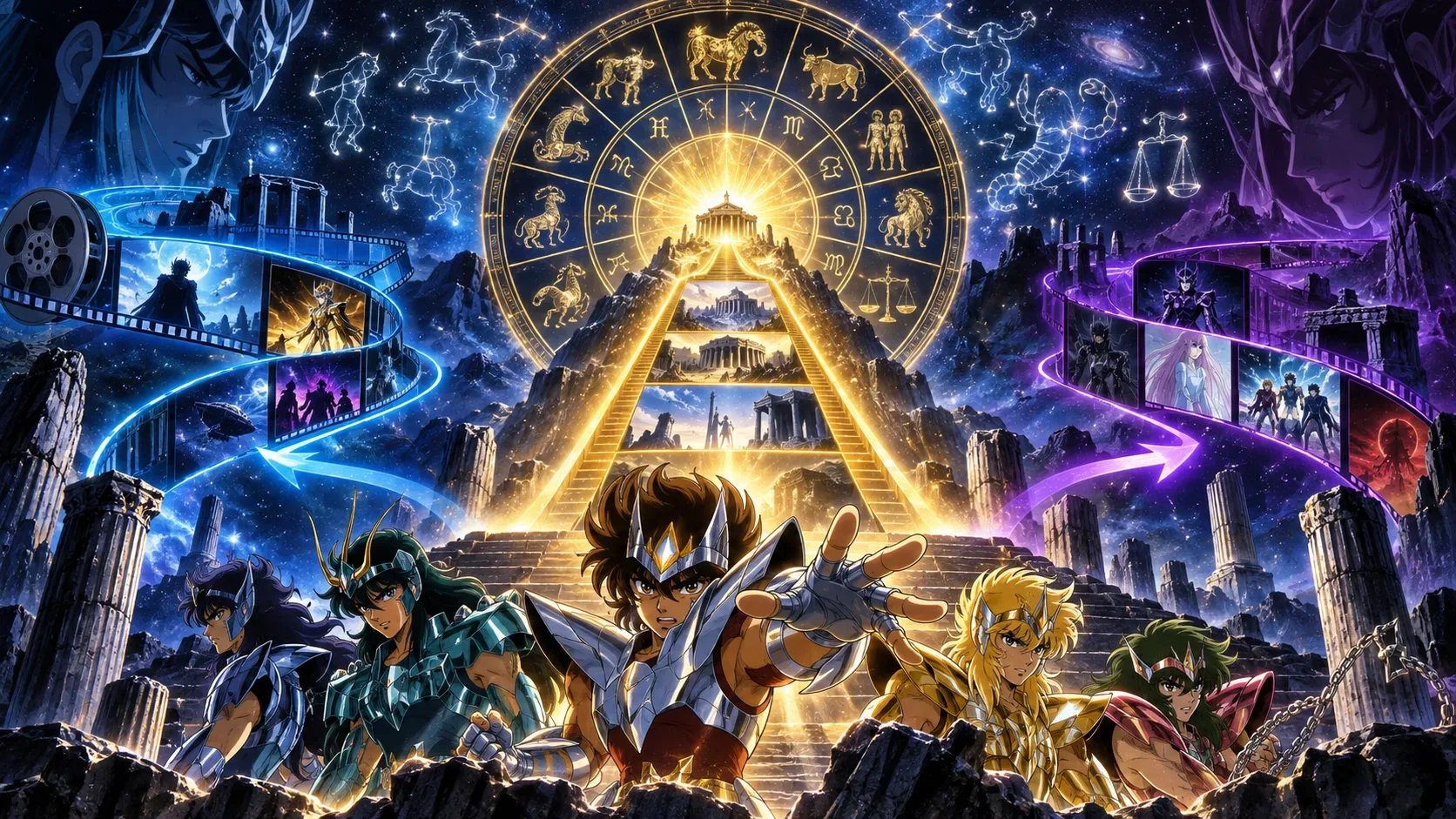Guerreiros de armadura diante de um círculo zodiacal cósmico, com três caminhos luminosos entre ruínas, estrelas e constelações.