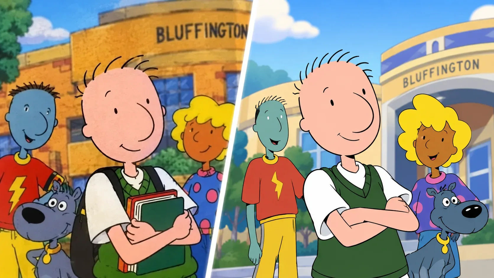 Composição dividida mostra Doug, Skeeter, Patti e Costelinha diante de cenários escolares de Bluffington em dois estilos visuais contrastantes.