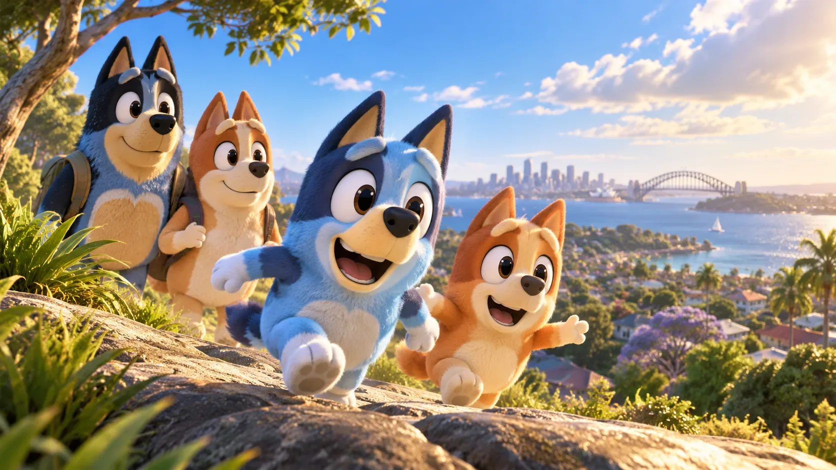 Bluey e Bingo correm à frente de Bandit e Chilli em uma paisagem ensolarada em CG, com uma baía e uma cidade ao fundo.