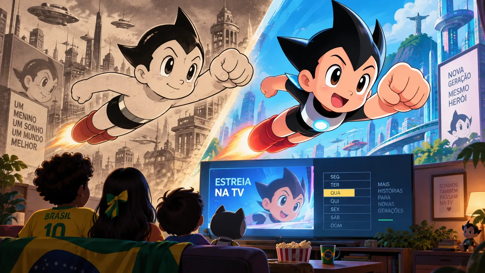 Astro Boy clássico em estilo retrô ao lado de uma versão moderna, voando sobre cidades enquanto uma família no Brasil assiste à estreia pela televisão.