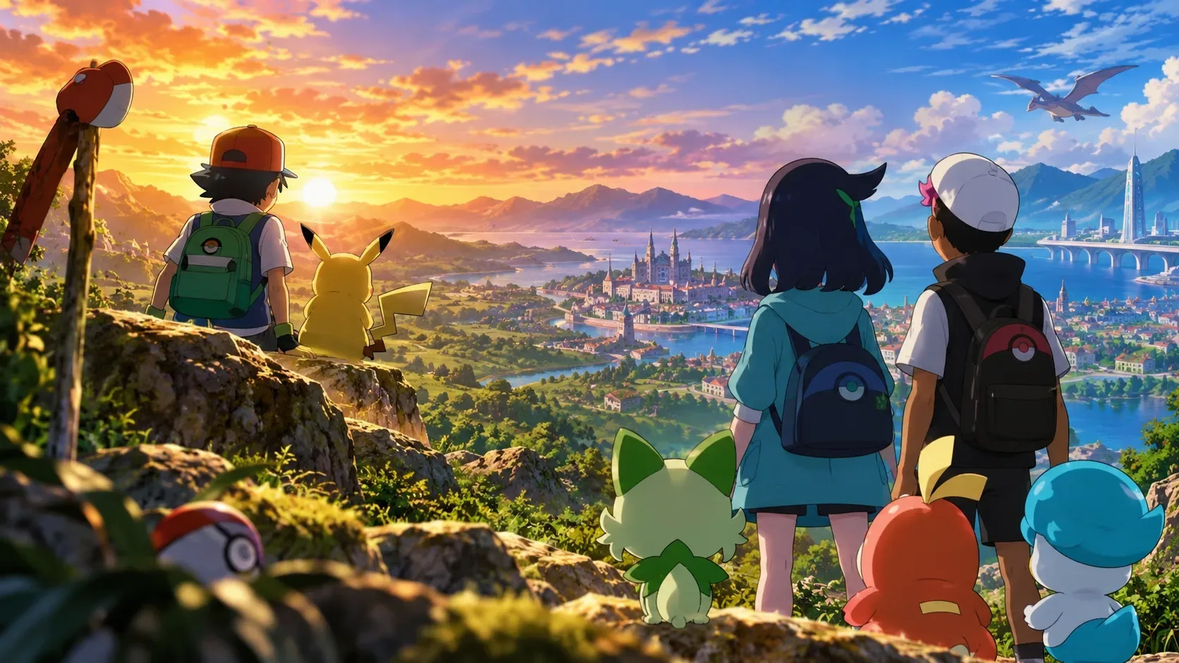 Composição em estilo anime mostra um treinador com boné e uma criatura elétrica amarela à esquerda, enquanto dois jovens treinadores e três criaturas coloridas observam uma ampla paisagem ao pôr do sol.