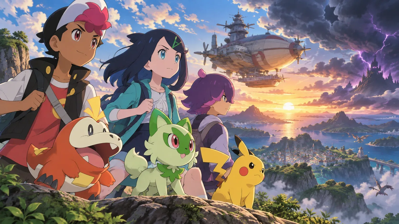 Jovens treinadores e seus companheiros Pokémon observam um grande dirigível ao longe, com luz de amanhecer e uma tempestade ameaçadora no horizonte.
