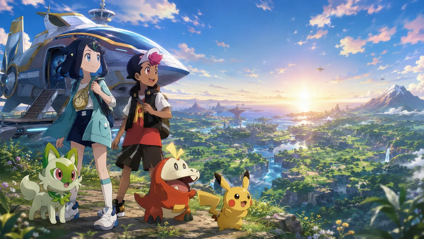 Dois jovens aventureiros em estilo anime, acompanhados por três criaturas parceiras, diante de um dirigível e de uma paisagem iluminada pelo nascer do sol.