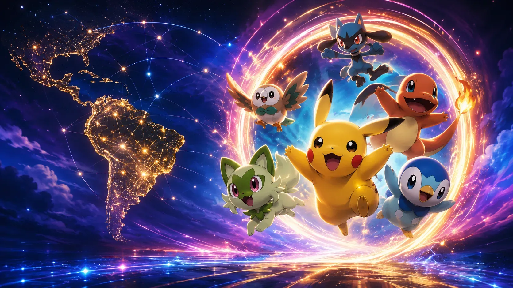 Pikachu e outros Pokémon avançam por um portal luminoso diante de um mapa noturno das Américas conectado por pontos de luz.