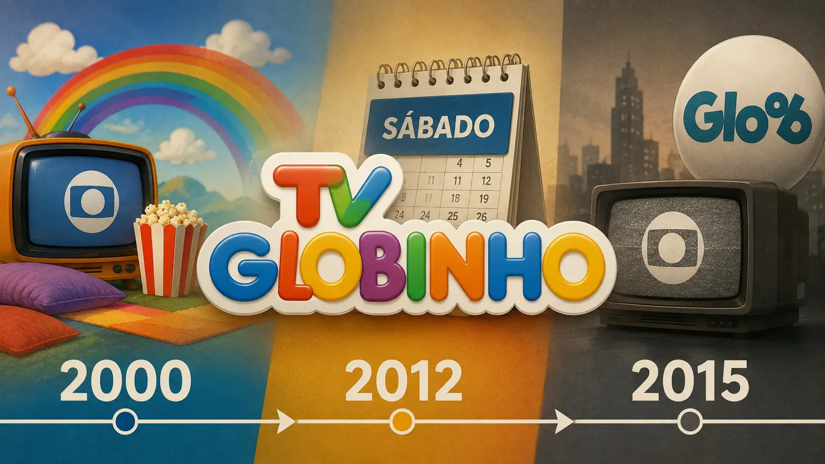 Ilustração em linha do tempo com TVs antigas, arco-íris, calendário de sábado e os anos 2000, 2012 e 2015, representando as mudanças da TV Globinho.