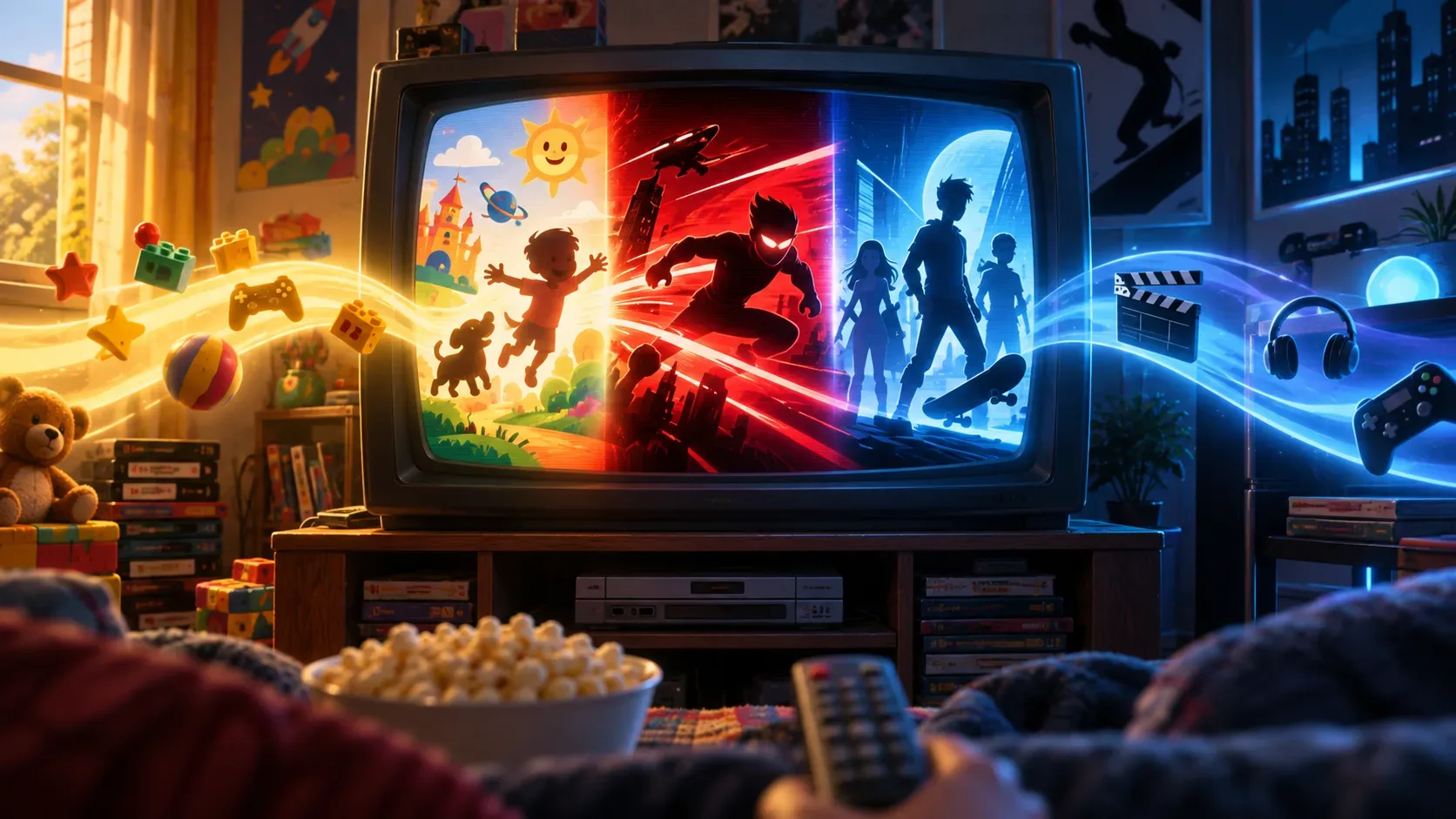 Televisor de tubo em uma sala nostálgica mostra três fases visuais: uma era infantil colorida, uma fase de ação em vermelho e uma fase moderna em azul, simbolizando a evolução do canal.