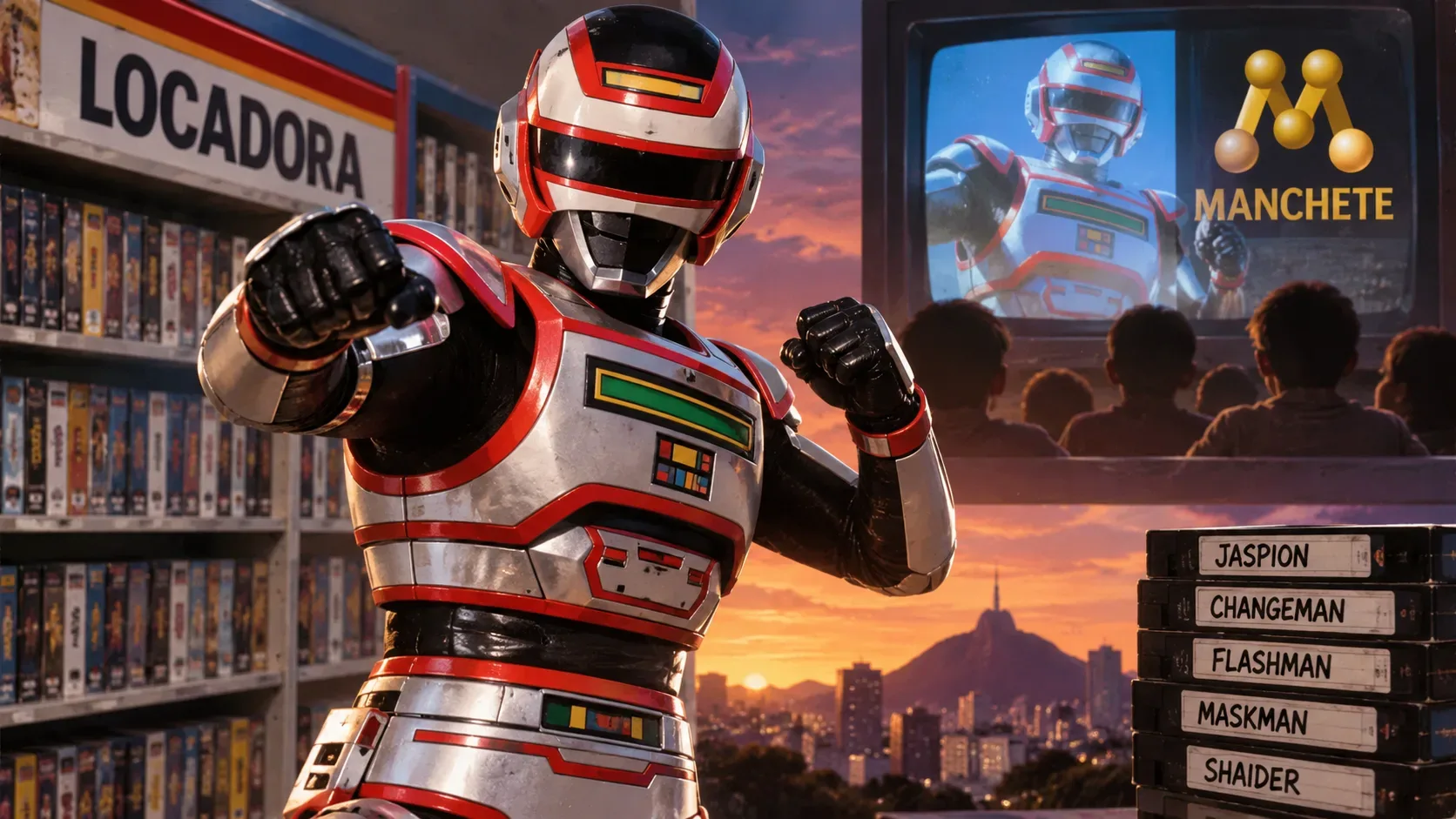 Herói tokusatsu de armadura prateada e vermelha diante de uma locadora, com crianças assistindo a uma TV e fitas VHS ao lado, em atmosfera nostálgica dos anos 1980.