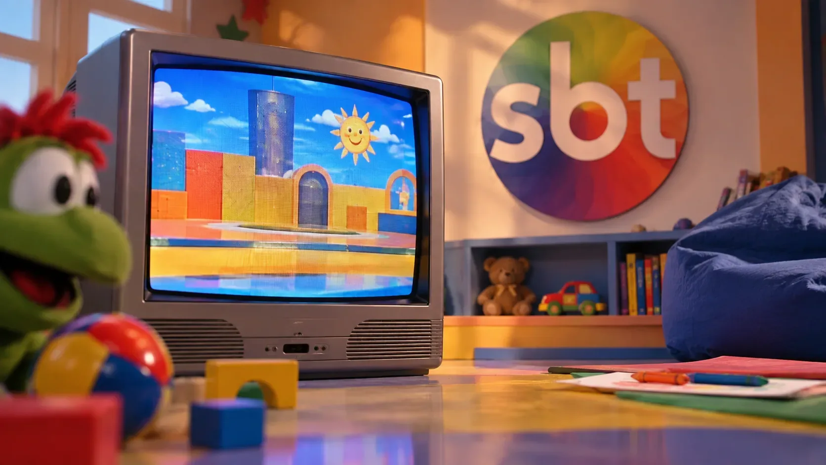Televisor de tubo em cenário infantil colorido, com brinquedos, fantoche verde e logotipo do SBT ao fundo.
