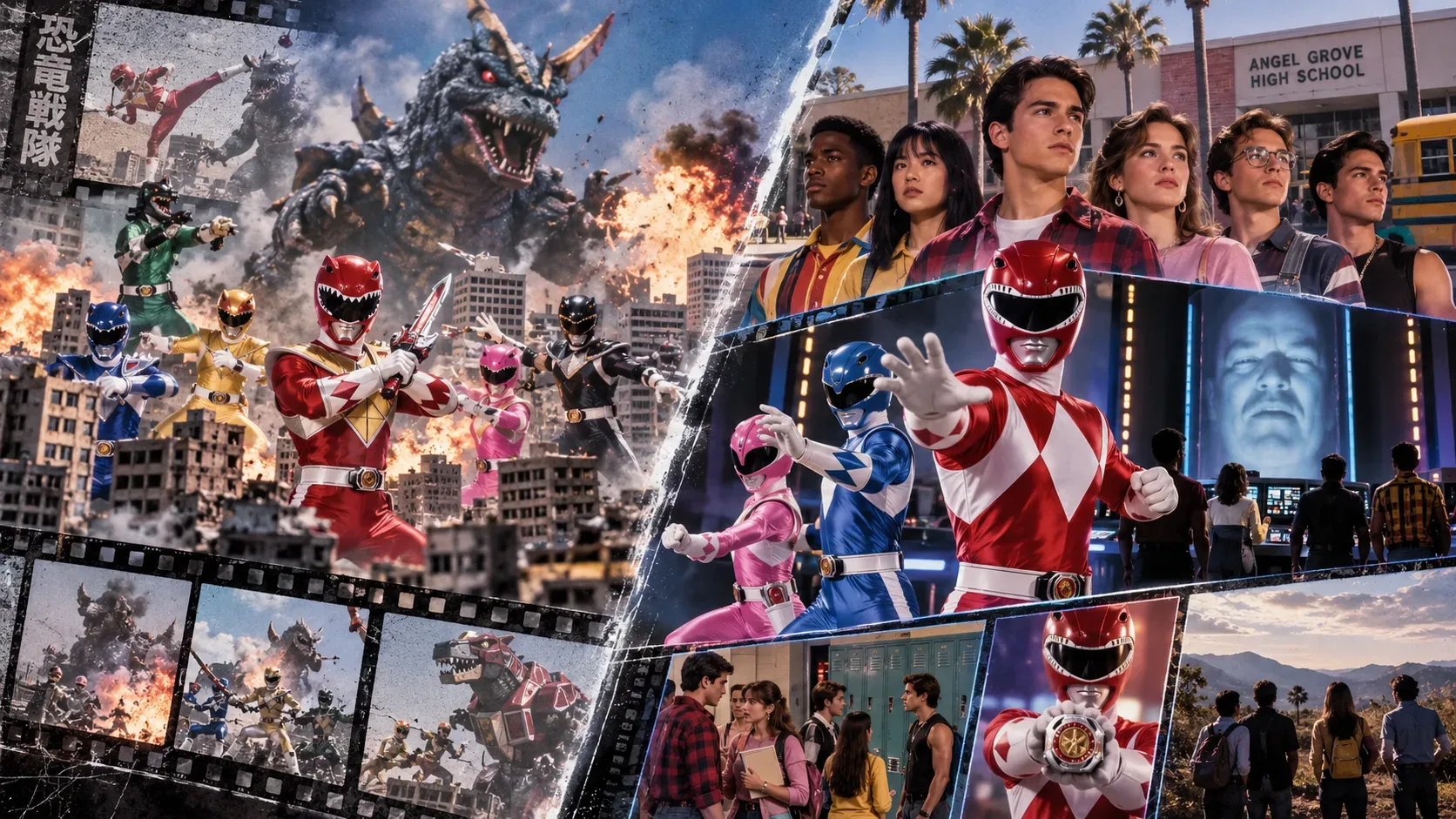 Montagem dividida entre Rangers coloridos enfrentando um monstro gigante em uma cidade de estética tokusatsu e jovens diante de uma escola e de um centro de comando futurista.