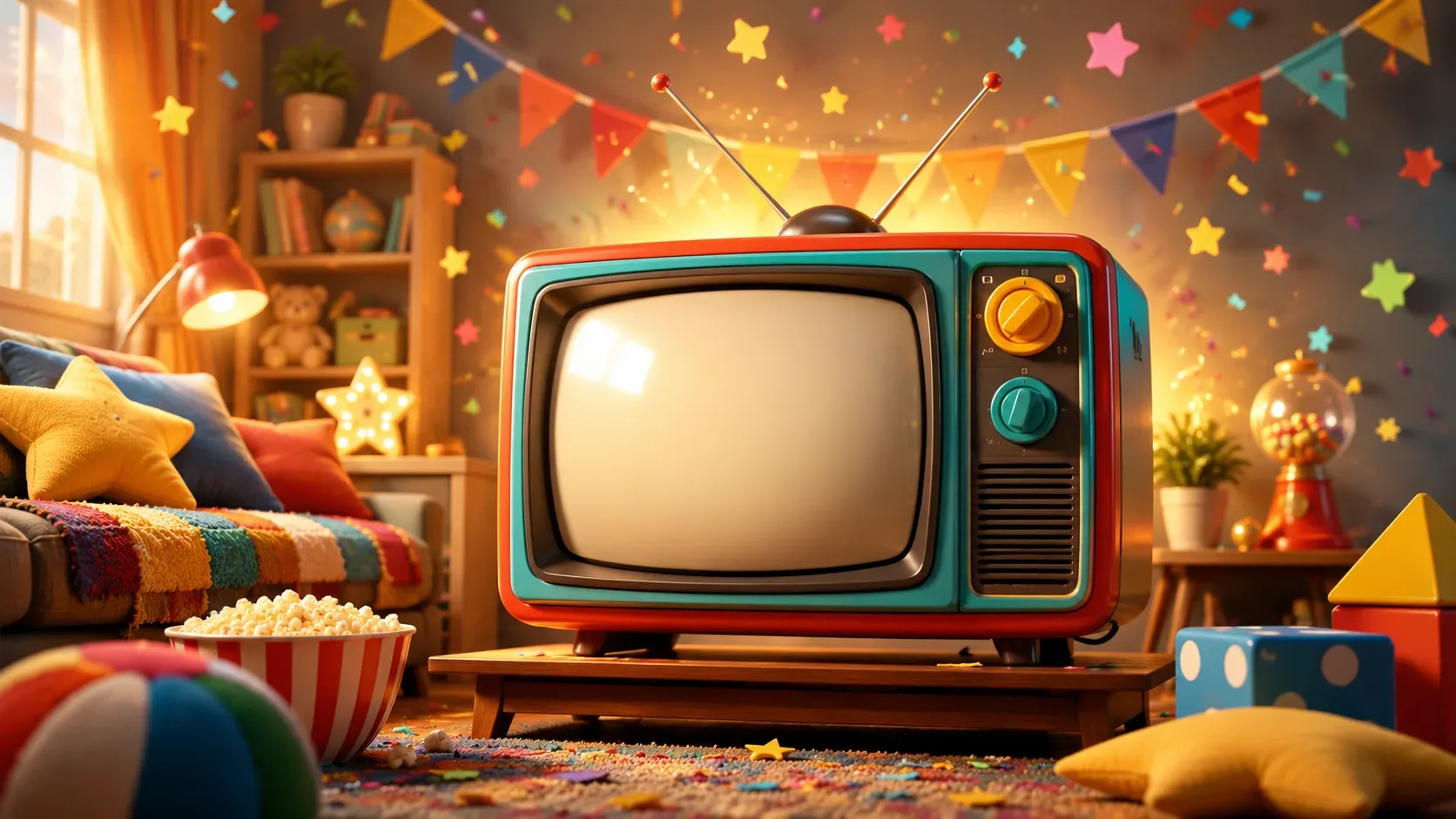 Televisão retrô colorida em uma sala infantil festiva, cercada por bandeirolas, estrelas, confetes, brinquedos e pipoca.