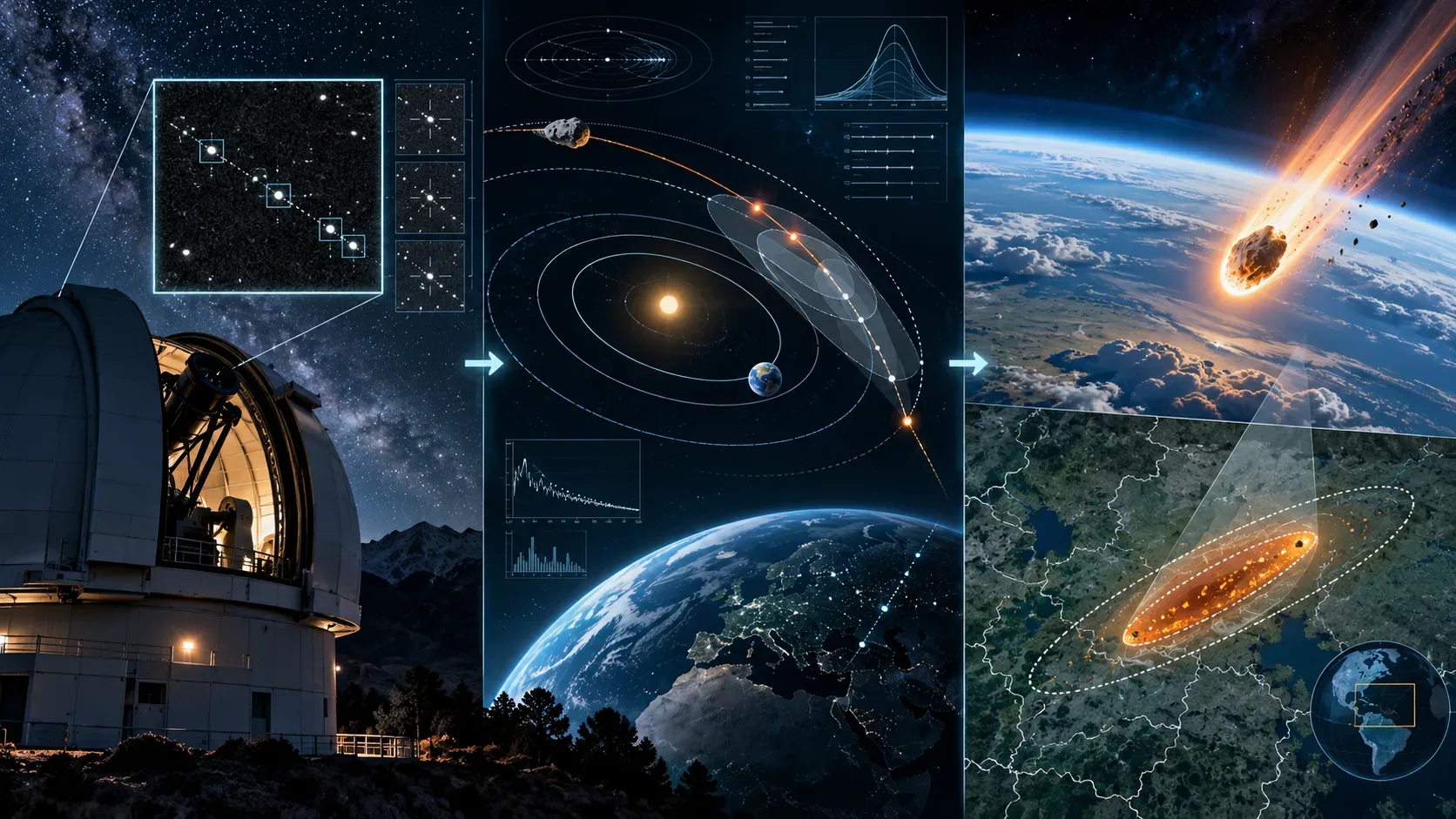 Observatório sob céu estrelado ligado a diagramas orbitais, entrada atmosférica luminosa e mapa com uma área elíptica prevista para queda de fragmentos.