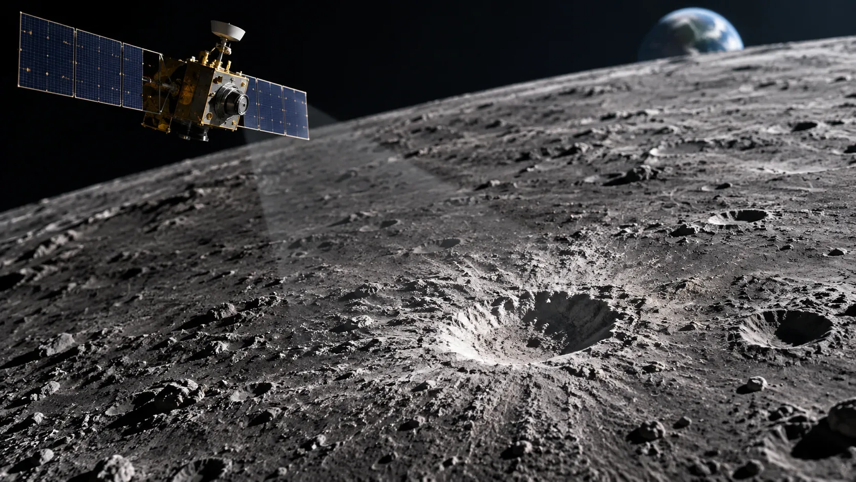 Superfície craterada da Lua com uma cratera recente em destaque, um orbitador lunar acima e a Terra ao fundo.