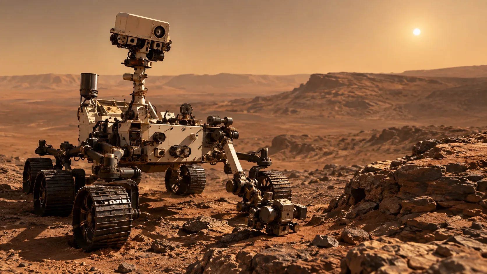 Rover Curiosity em primeiro plano sobre terreno rochoso de Marte, com colinas estratificadas, montanhas distantes e céu alaranjado.