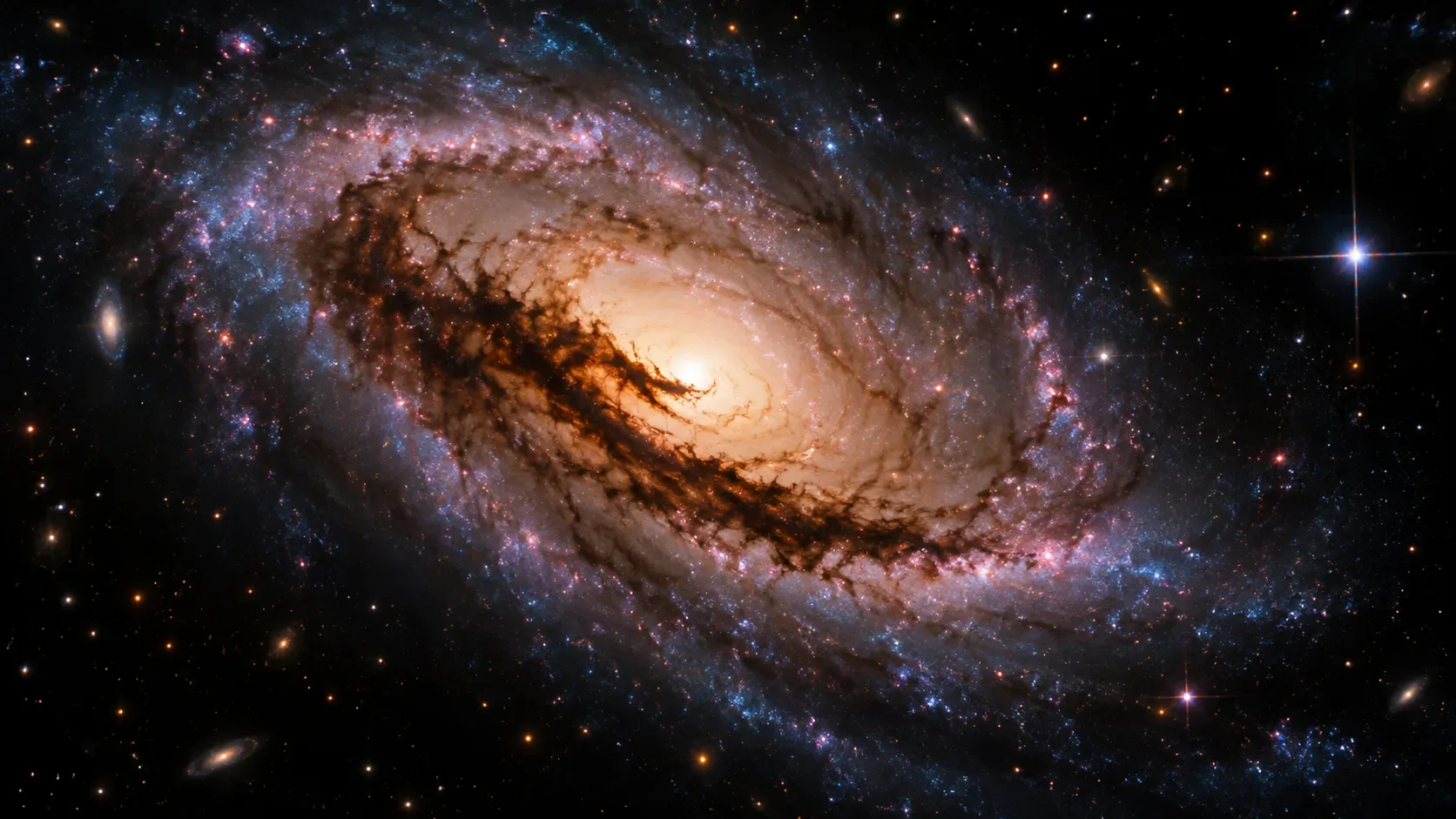 Galáxia espiral inclinada com núcleo luminoso, braços azulados e uma faixa escura de poeira atravessando a região central em um campo estelar.