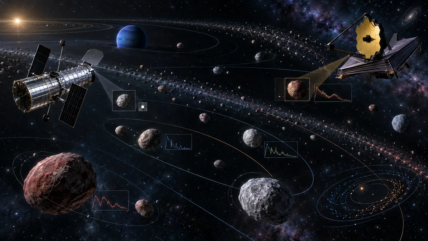 Hubble e Webb observam vários objetos transnetunianos de cores diferentes no Sistema Solar exterior, com órbitas e gráficos espectrais ao redor.