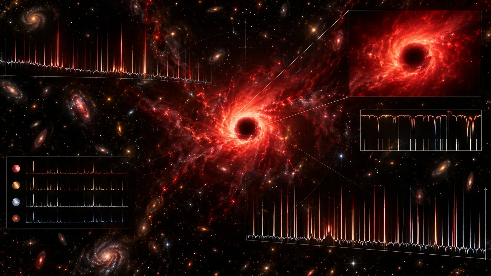 Fonte cósmica vermelha com núcleo escuro cercada por galáxias e por painéis de espectros com numerosas linhas luminosas.