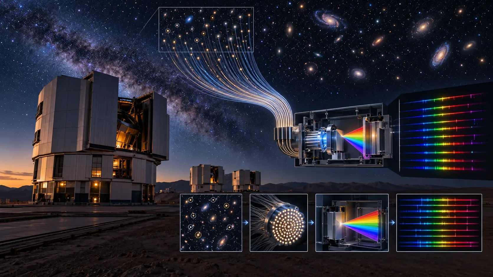 Observatório do VLT sob um céu estrelado, com muitos alvos celestes ligados por fibras luminosas a um espectrógrafo e a painéis de espectros multicoloridos.
