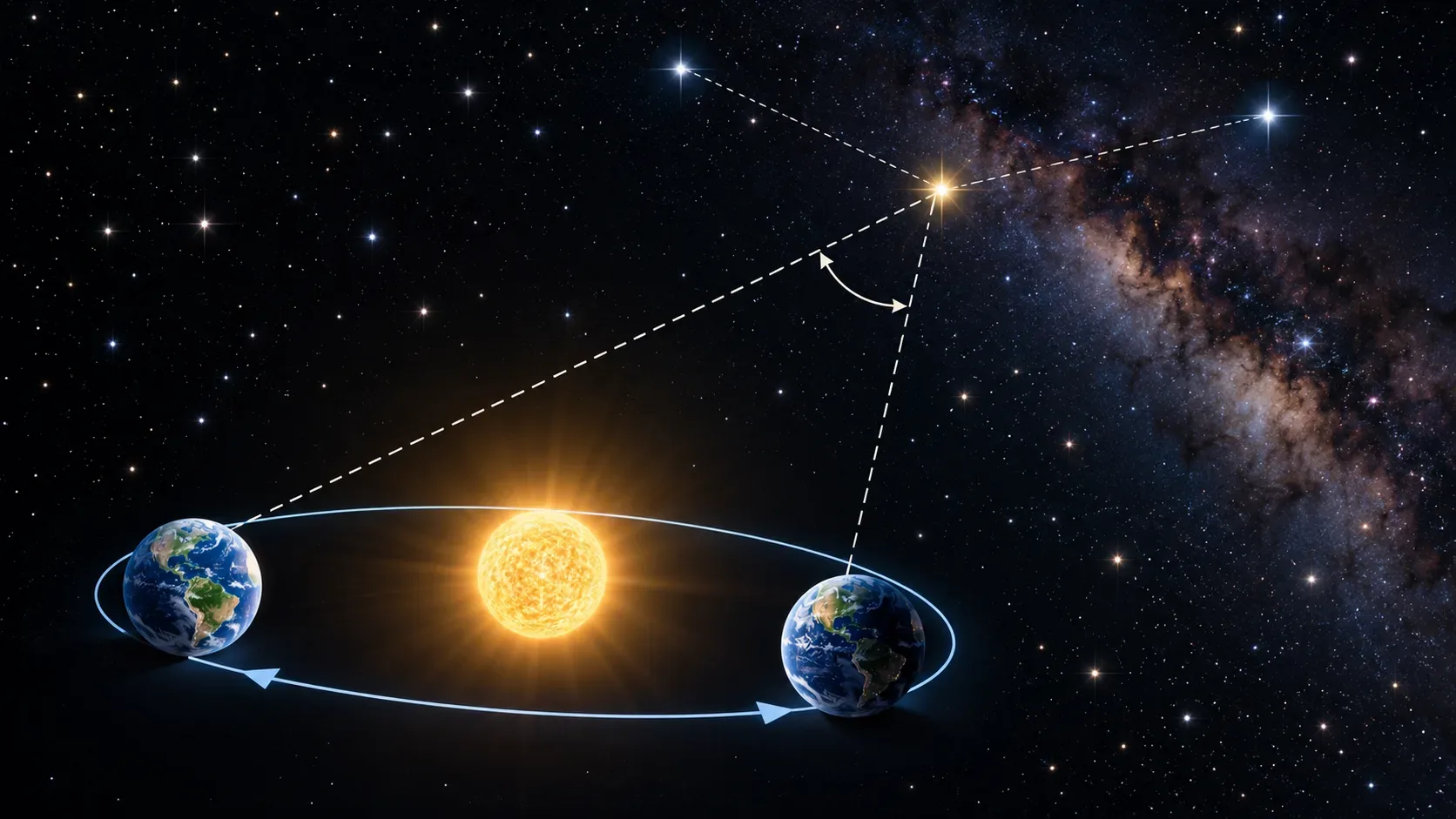 Ilustração do Sol com a Terra em duas posições orbitais e linhas de visada pontilhadas convergindo para uma estrela distante.