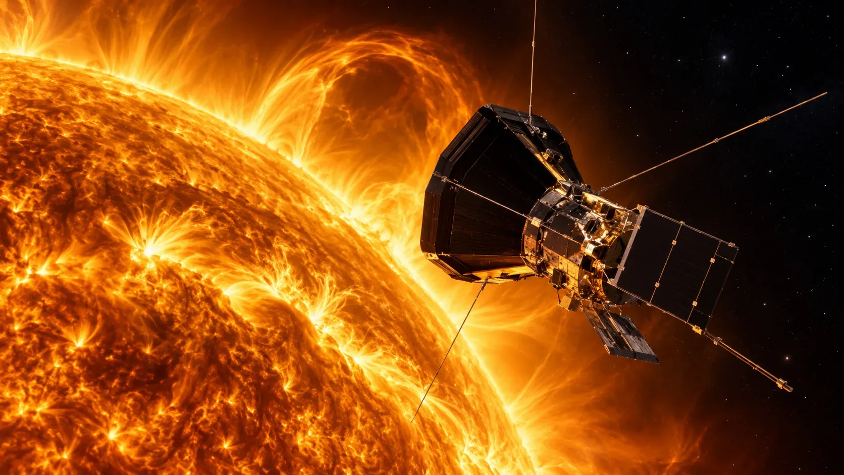 Sonda Parker Solar Probe diante do Sol, com o escudo térmico voltado para a intensa superfície solar e estruturas brilhantes da coroa ao fundo.