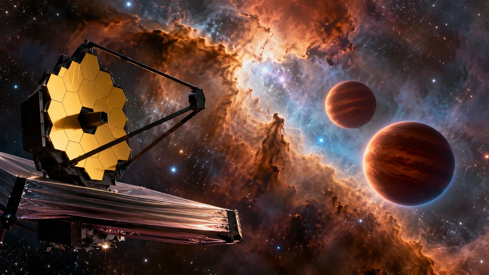 Ilustração do telescópio James Webb diante de uma nebulosa, com dois objetos subestelares avermelhados representando anãs marrons de massa planetária.
