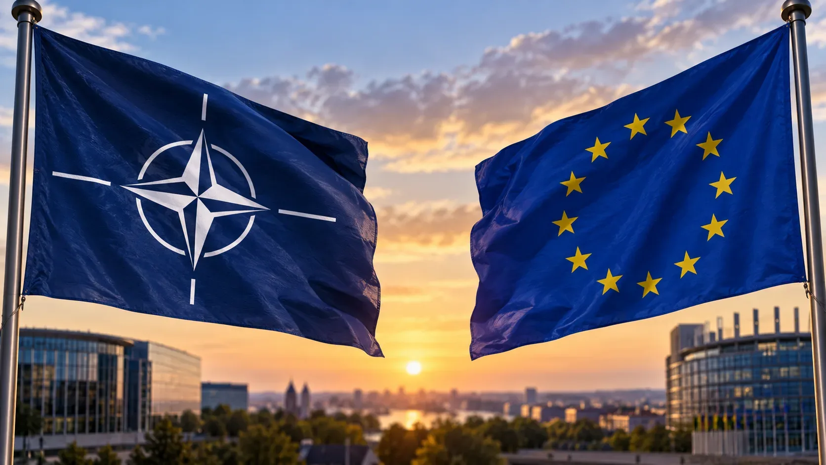 Bandeiras da OTAN e da União Europeia ondulam diante de uma paisagem urbana institucional ao pôr do sol.