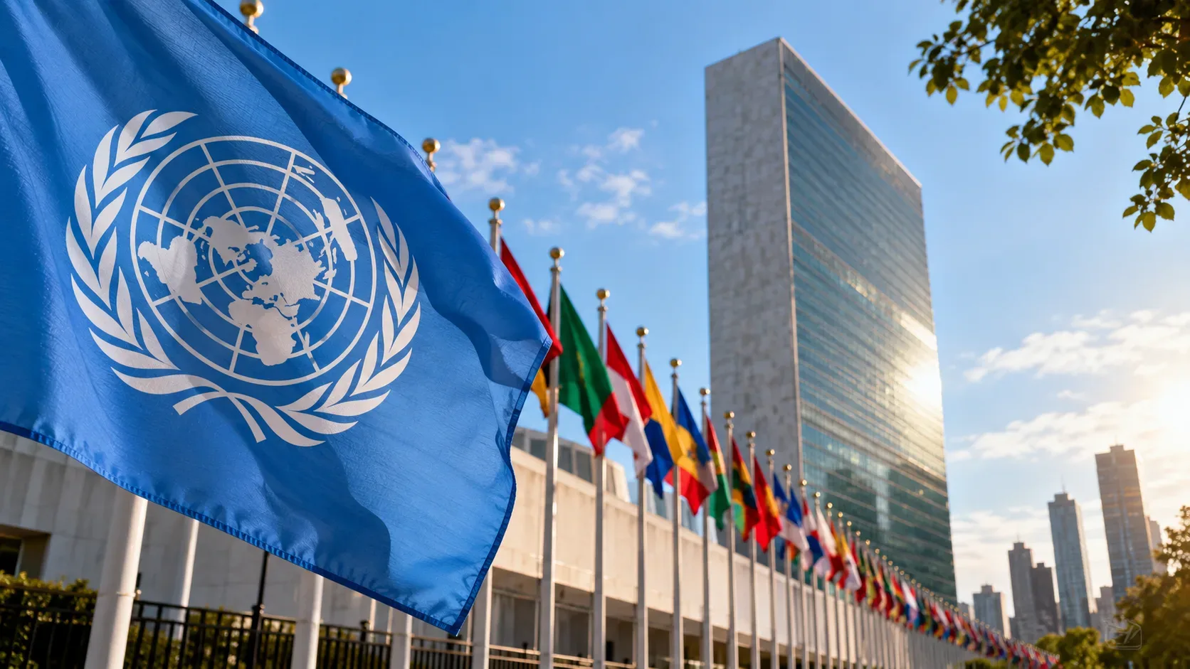 Bandeira azul da ONU em primeiro plano diante da sede em Nova York e de uma fileira de bandeiras nacionais.
