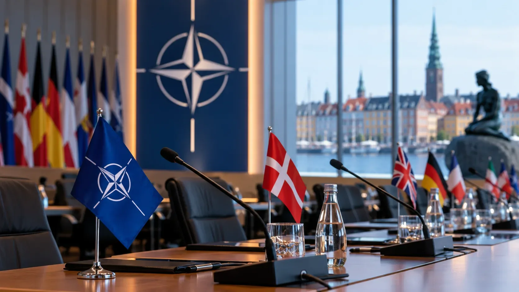 Sala de conferências com bandeiras da OTAN e da Dinamarca, microfones sobre a mesa e a paisagem urbana de Copenhague ao fundo.