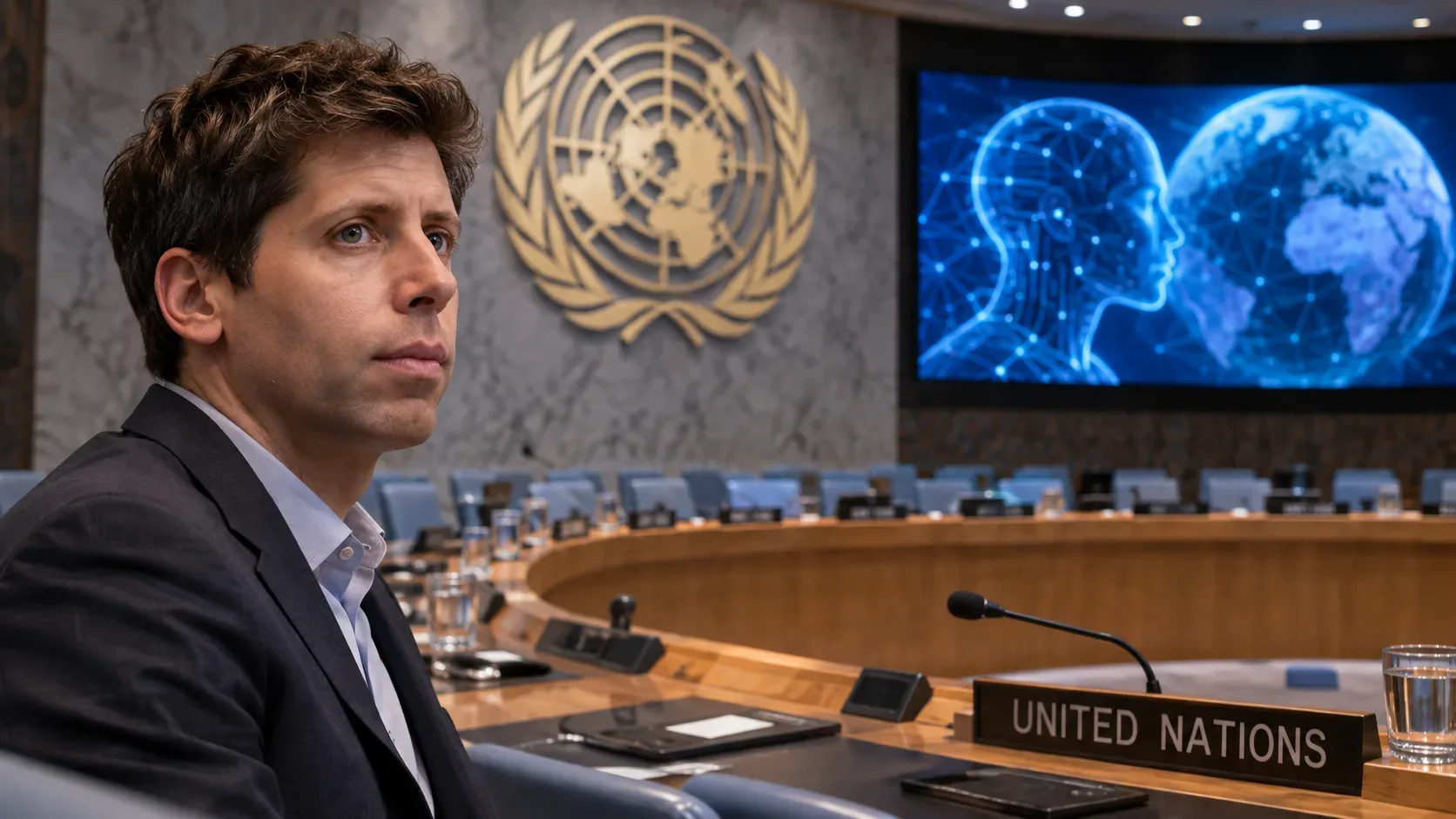 Sam Altman em sala inspirada no Conselho de Segurança da ONU, com emblema da organização, microfones e tela azul com símbolos de inteligência artificial e um globo.