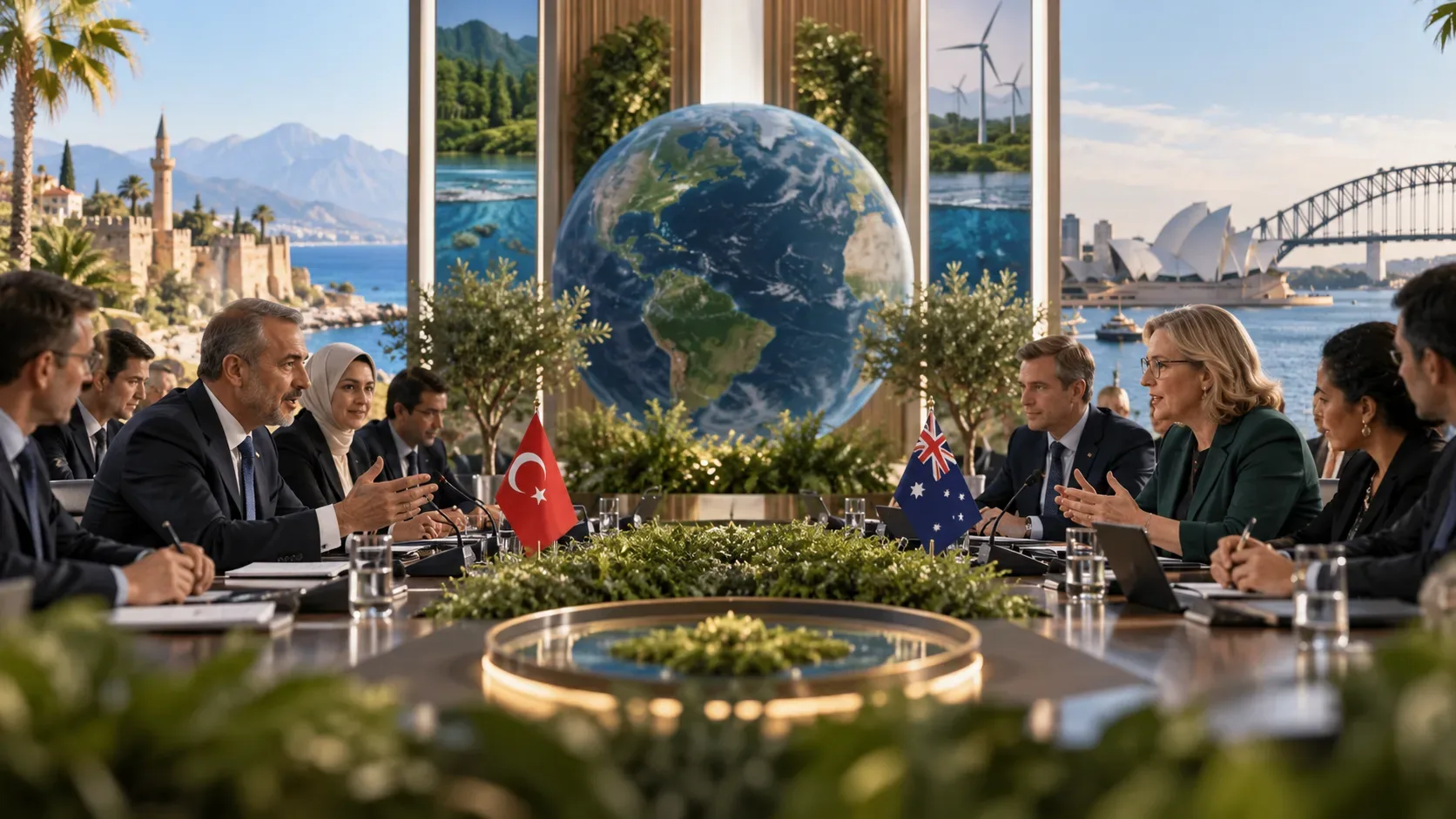 Delegações turca e australiana frente a frente em uma mesa de negociação climática, com um globo ao centro e referências visuais a Antalya e Sydney ao fundo.