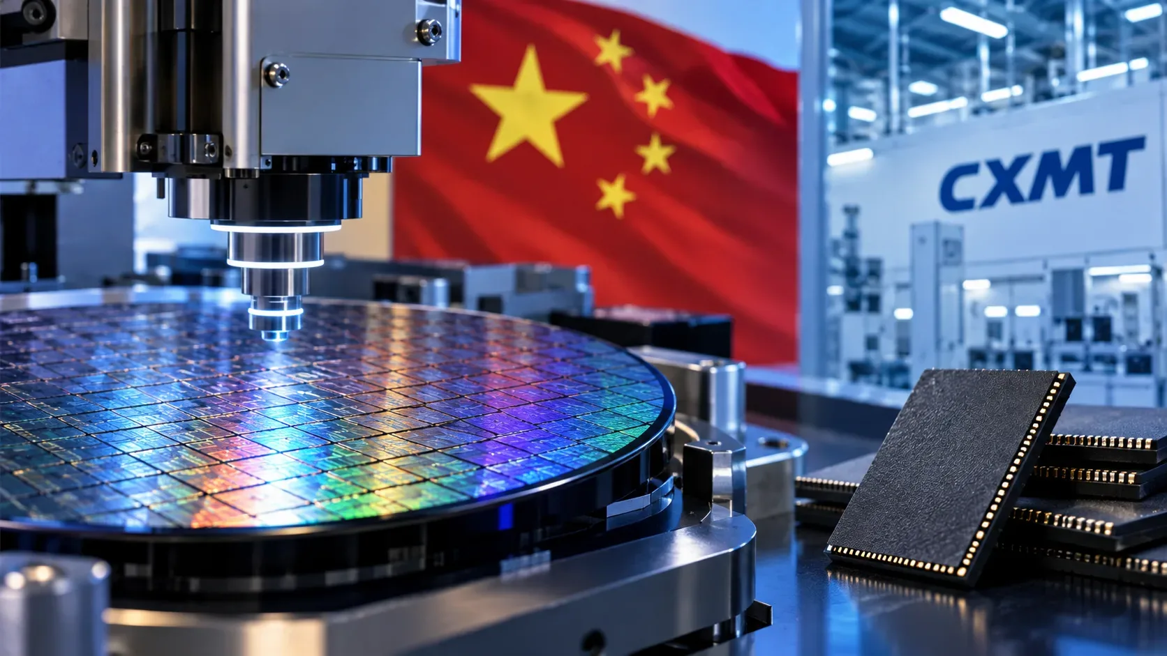 Wafer de semicondutores sob equipamento de inspeção, chips de memória DRAM em primeiro plano, bandeira chinesa e identificação da CXMT ao fundo.