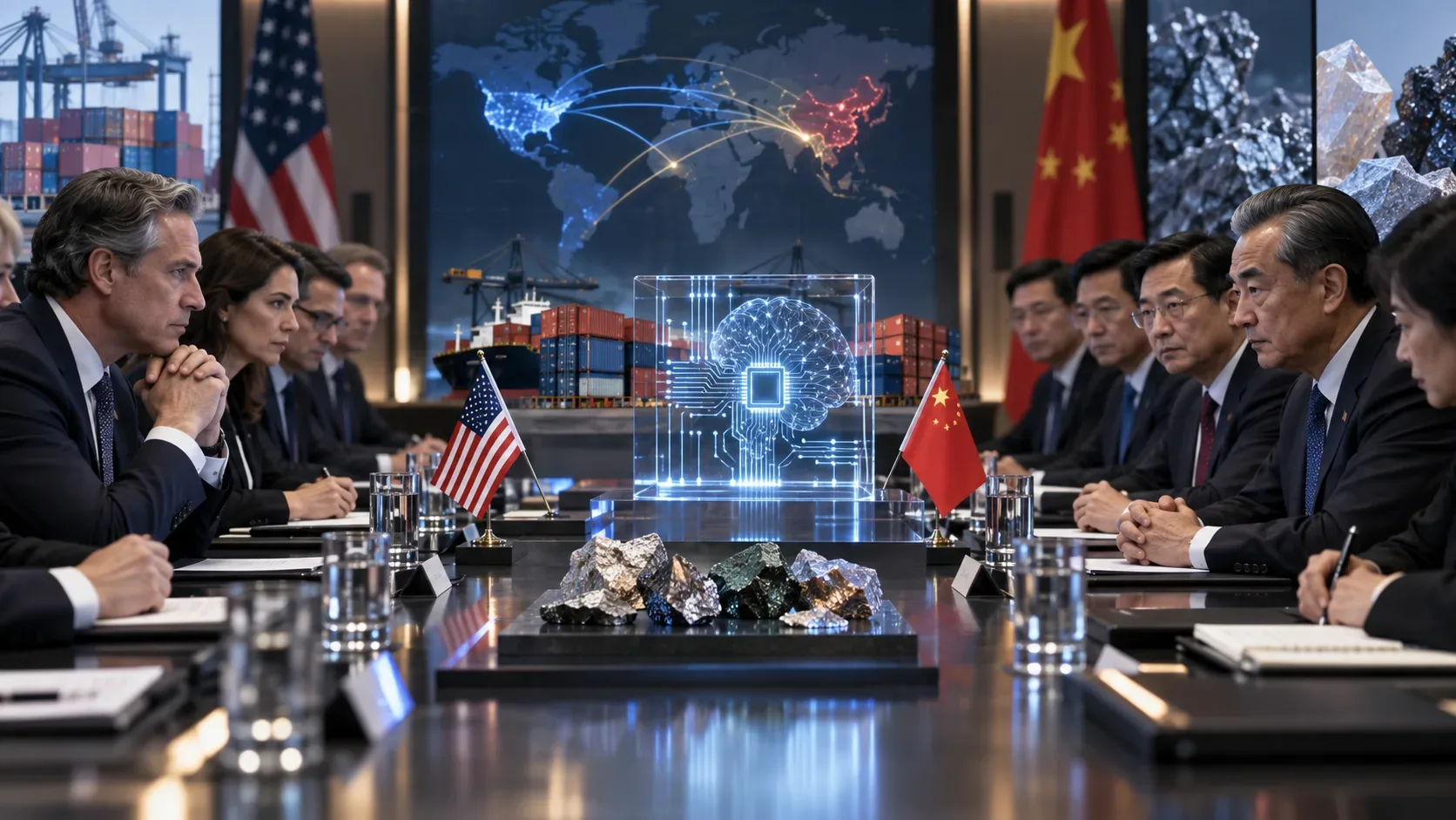 Delegações dos Estados Unidos e da China frente a frente em mesa de negociação, com pequenas bandeiras dos dois países, holograma de inteligência artificial, contêineres de carga, amostras de minerais e mapa-múndi ao fundo.