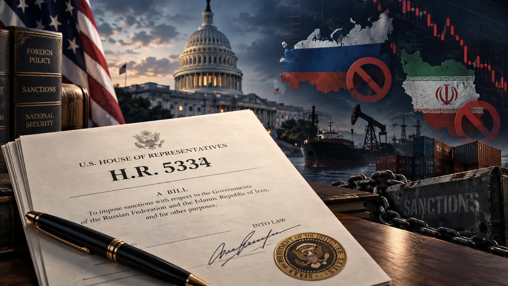Documento H.R. 5334 sobre uma mesa diante do Capitólio dos EUA, com mapas da Rússia e do Irã, navio, contêineres, bomba de petróleo e símbolos de sanções ao fundo.