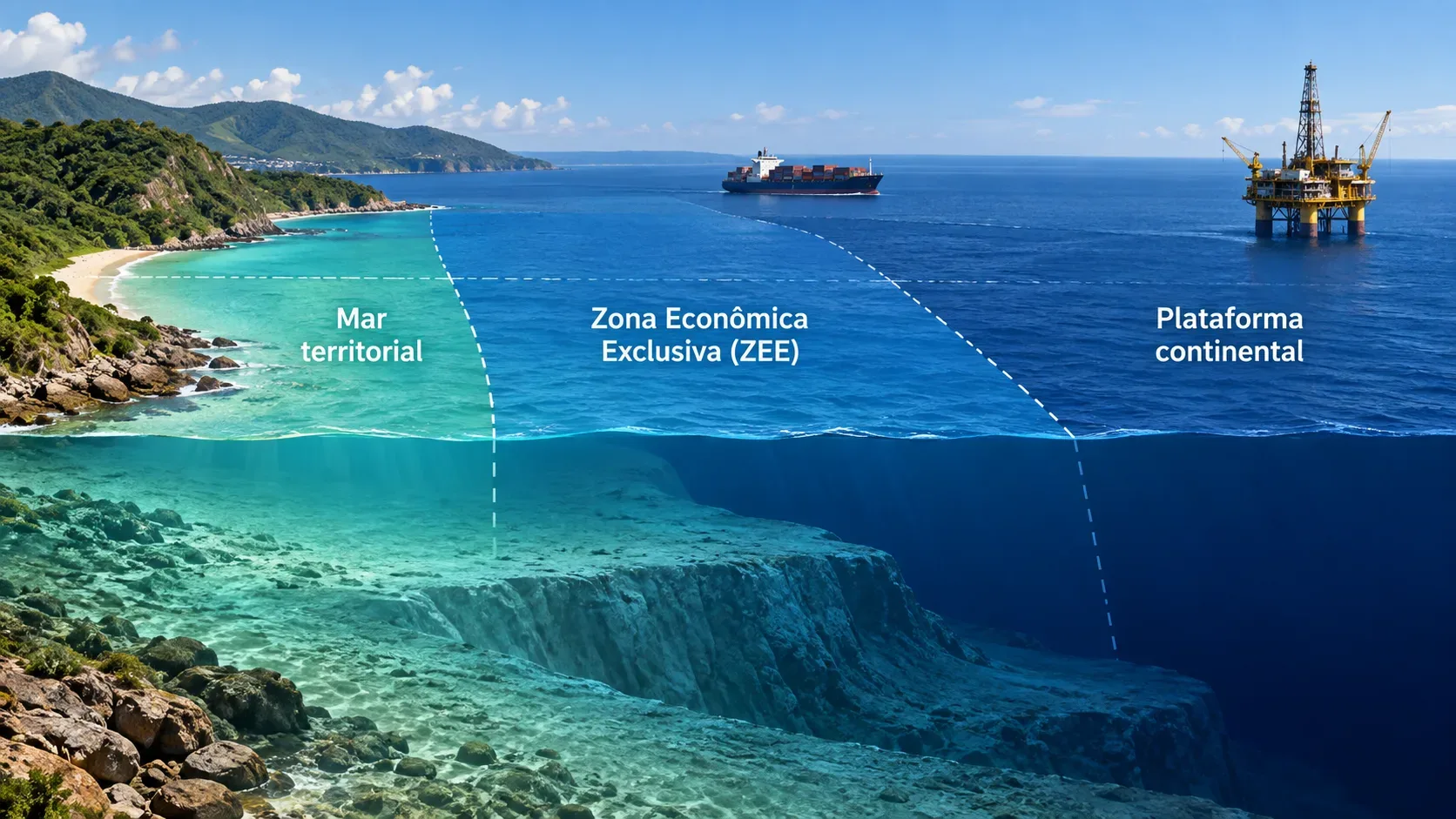 Ilustração em corte de uma costa com faixas do mar territorial, ZEE e plataforma continental, navio ao largo, plataforma de petróleo e relevo do fundo do mar.