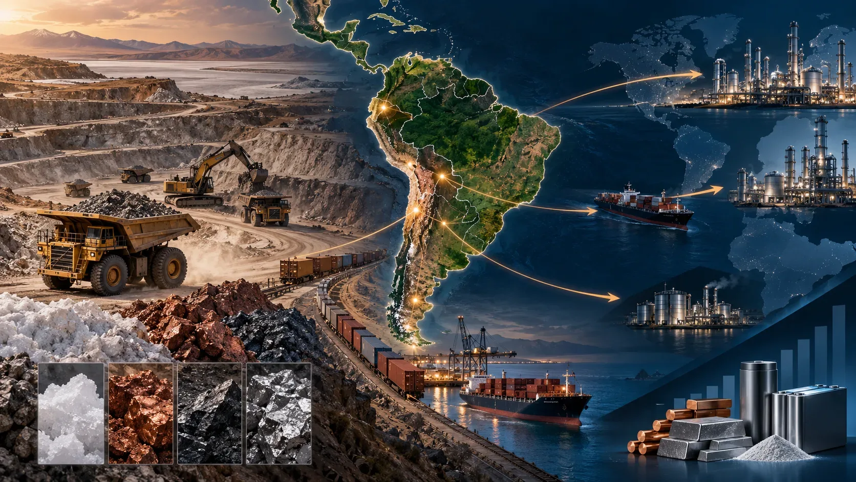 Mina a céu aberto ao lado de um mapa da América Latina, com rotas de navios levando minerais a refinarias no exterior e metais e baterias representando produtos de maior valor.