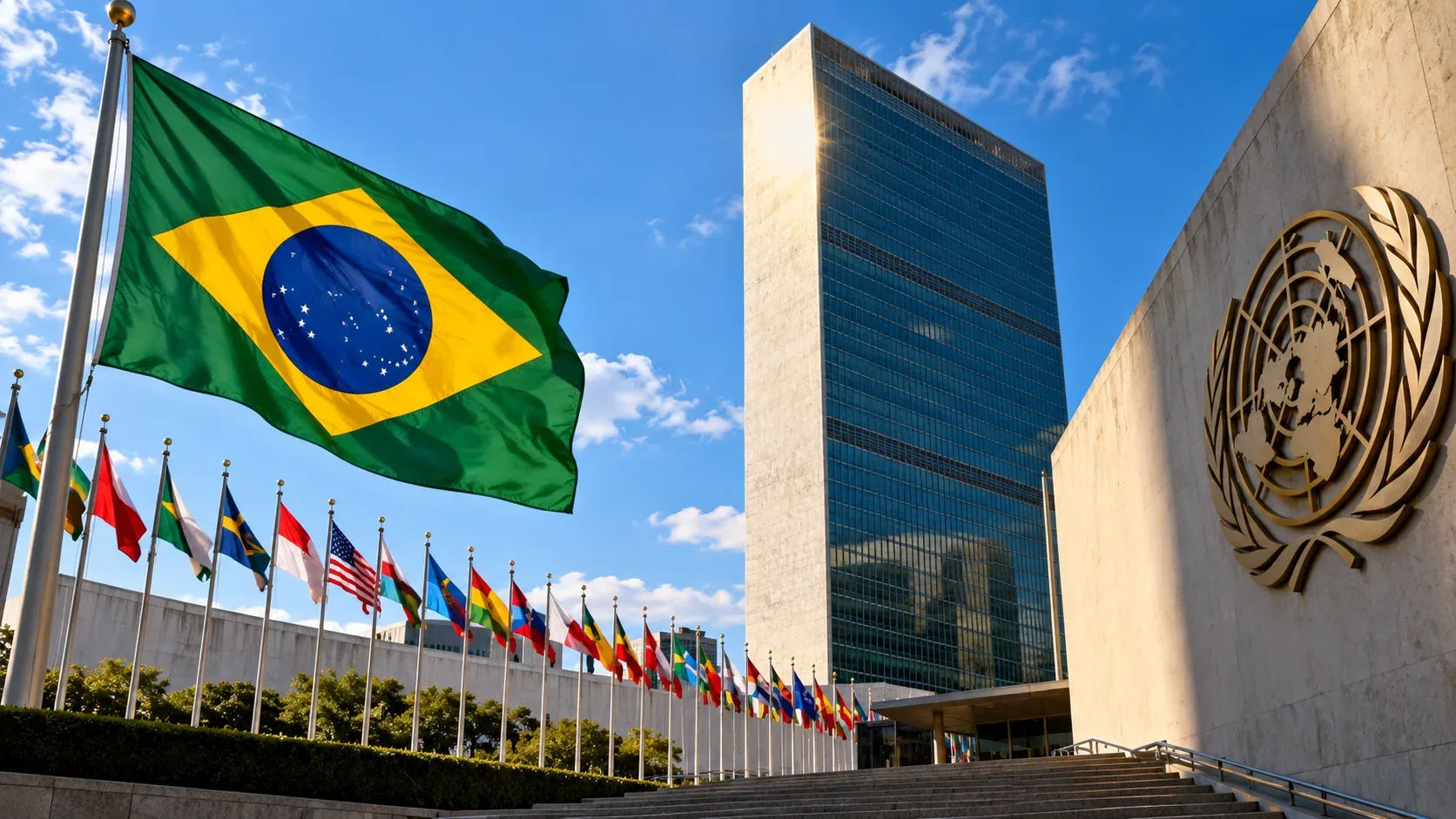 Bandeira do Brasil em primeiro plano diante da sede da ONU em Nova York, com o emblema das Nações Unidas e uma fileira de bandeiras nacionais.