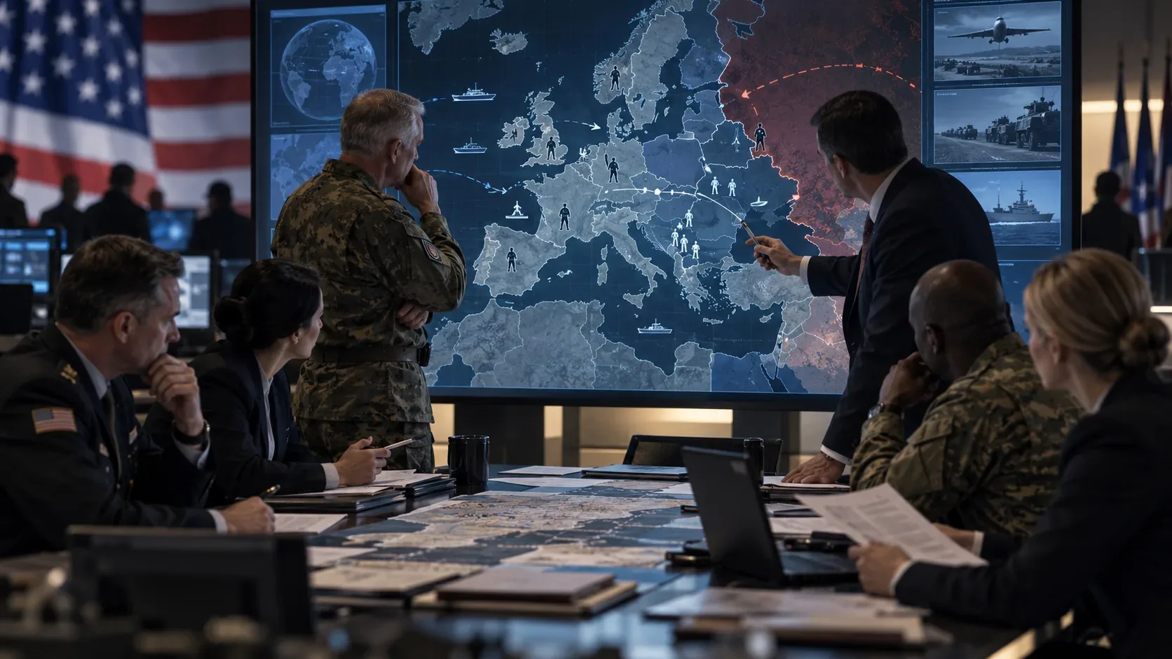Militares e assessores analisam um grande mapa da Europa em uma sala de briefing, com bandeira dos Estados Unidos ao fundo e marcações de posicionamento estratégico.