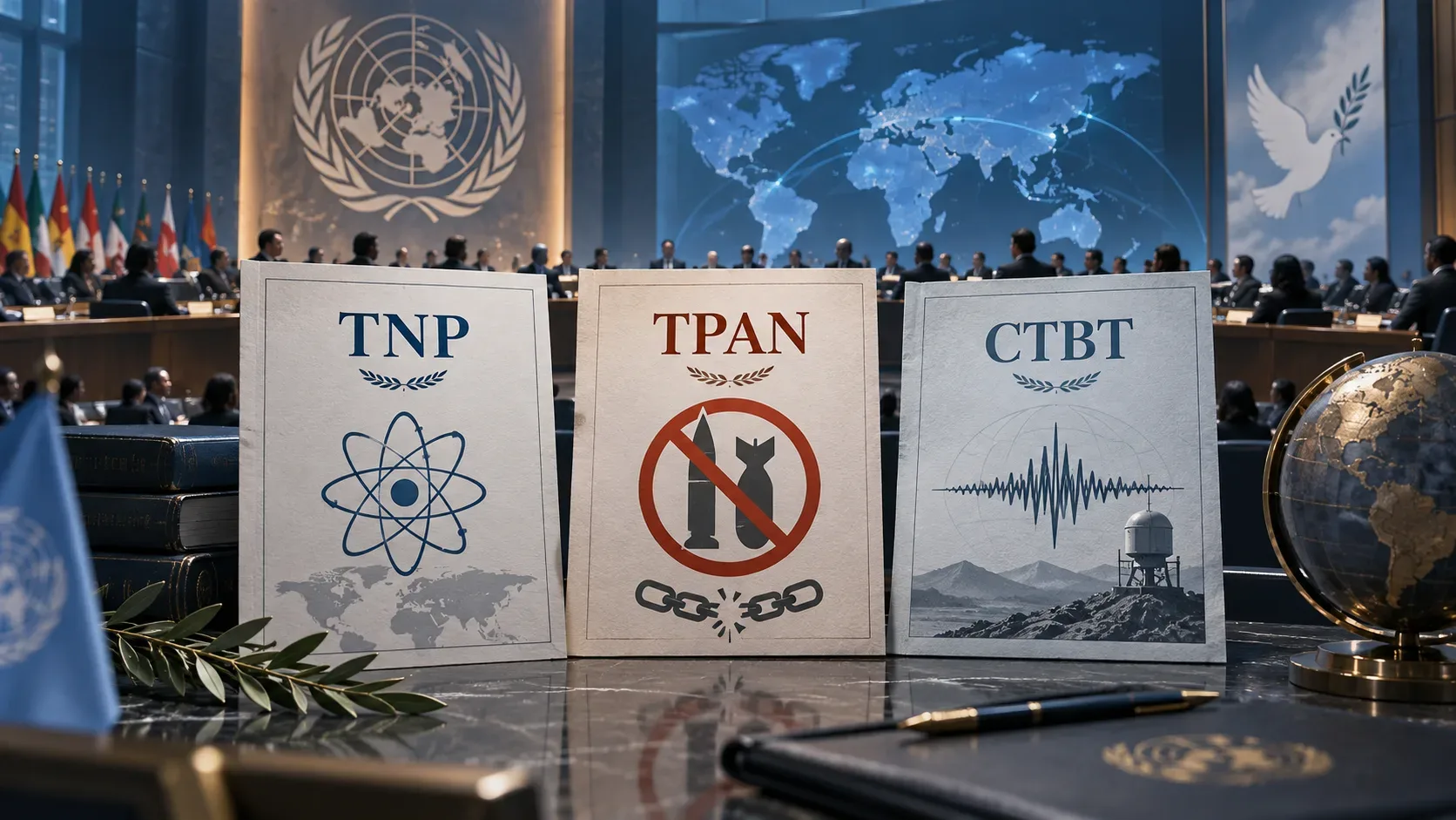 Três painéis de tratados identificados como TNP, TPAN e CTBT diante de uma sala de diplomacia internacional, com símbolos de átomo, proibição de armas e monitoramento sísmico.